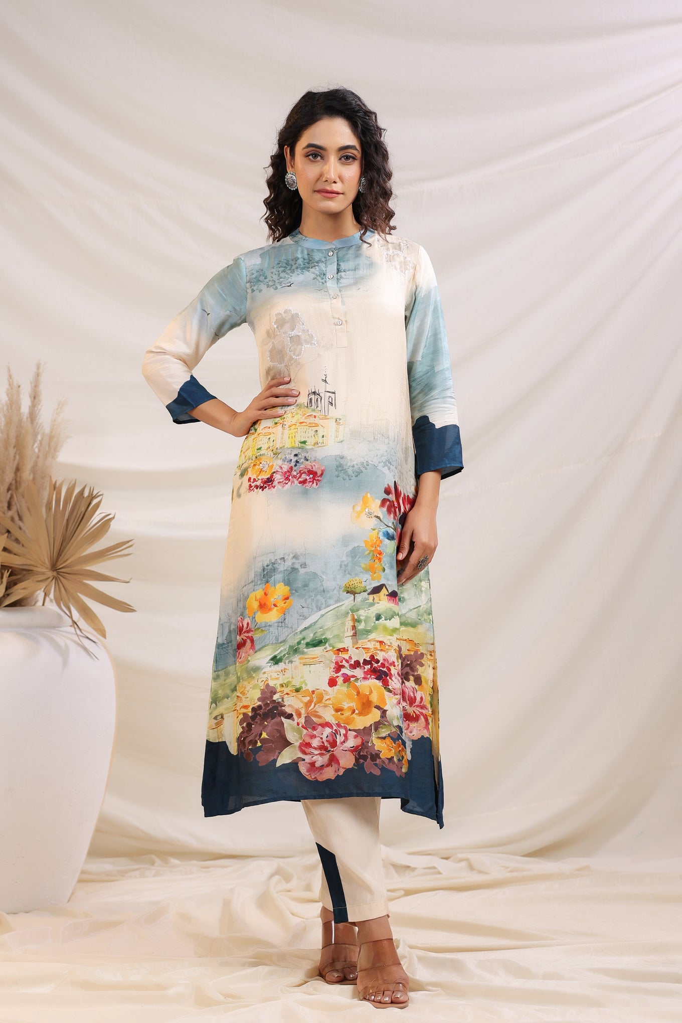 Azure Blue Bloom Printed Dola Silk Kurta Set