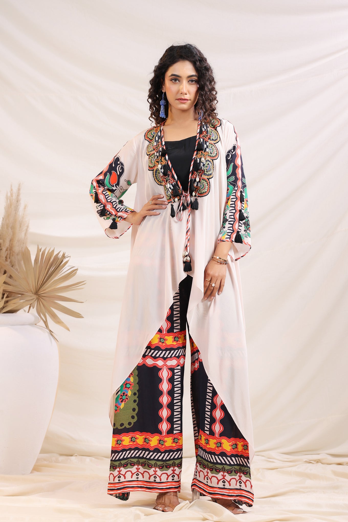 Contemporary Printed Co-ord Set with Embroidered Tassel Shrug