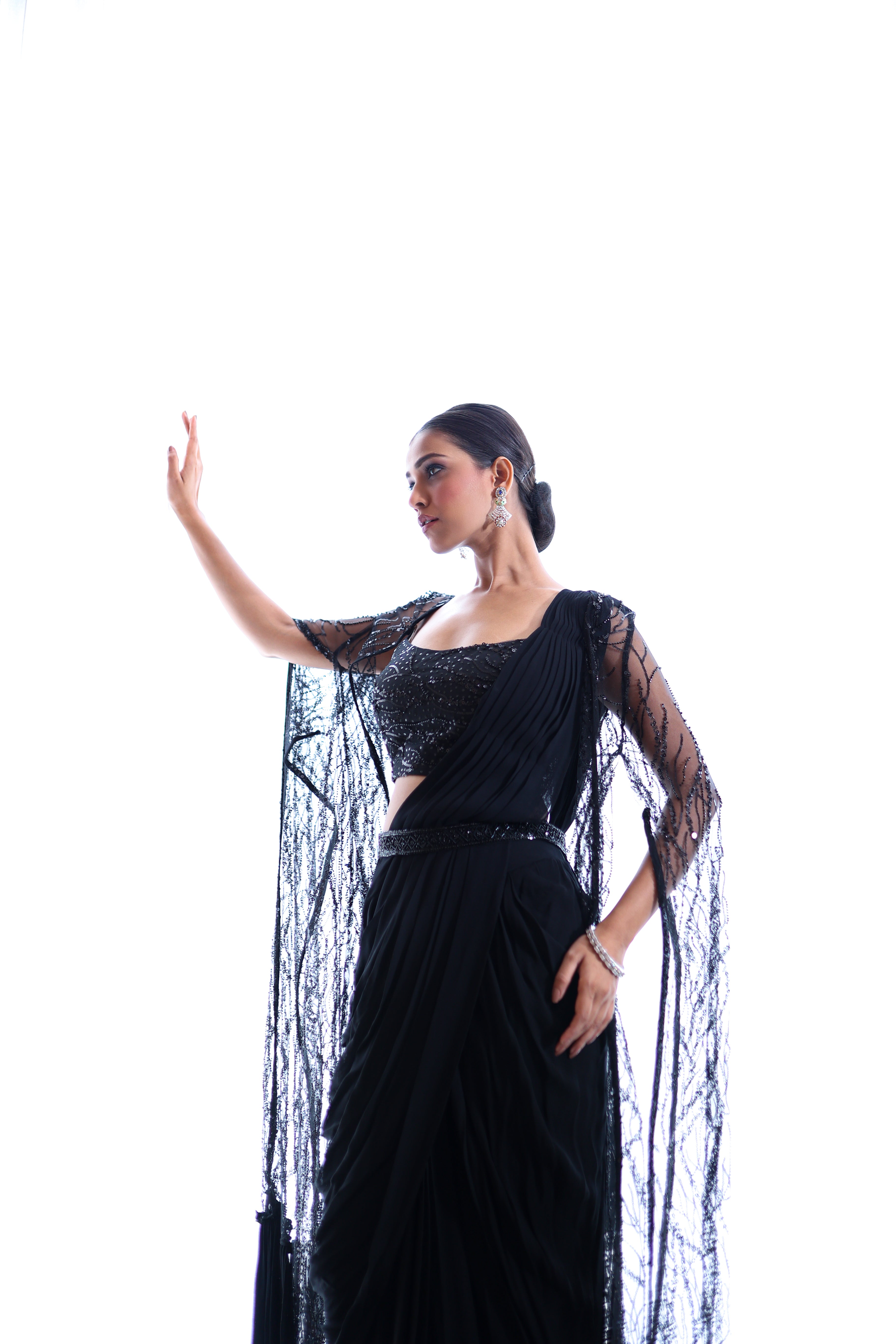 Black Georgette Drape Saree with Embellished Cutdana Cape