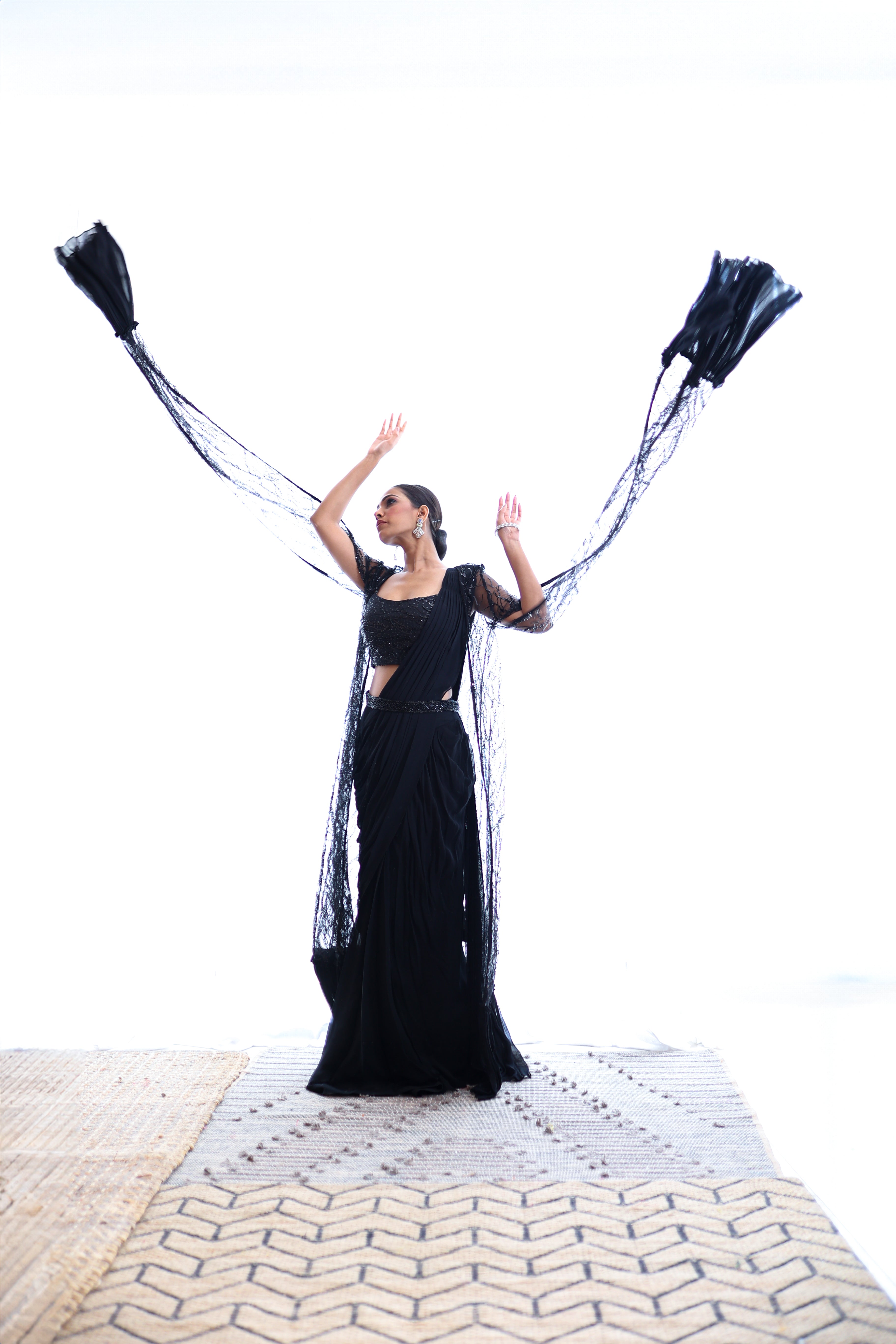 Black Georgette Drape Saree with Embellished Cutdana Cape