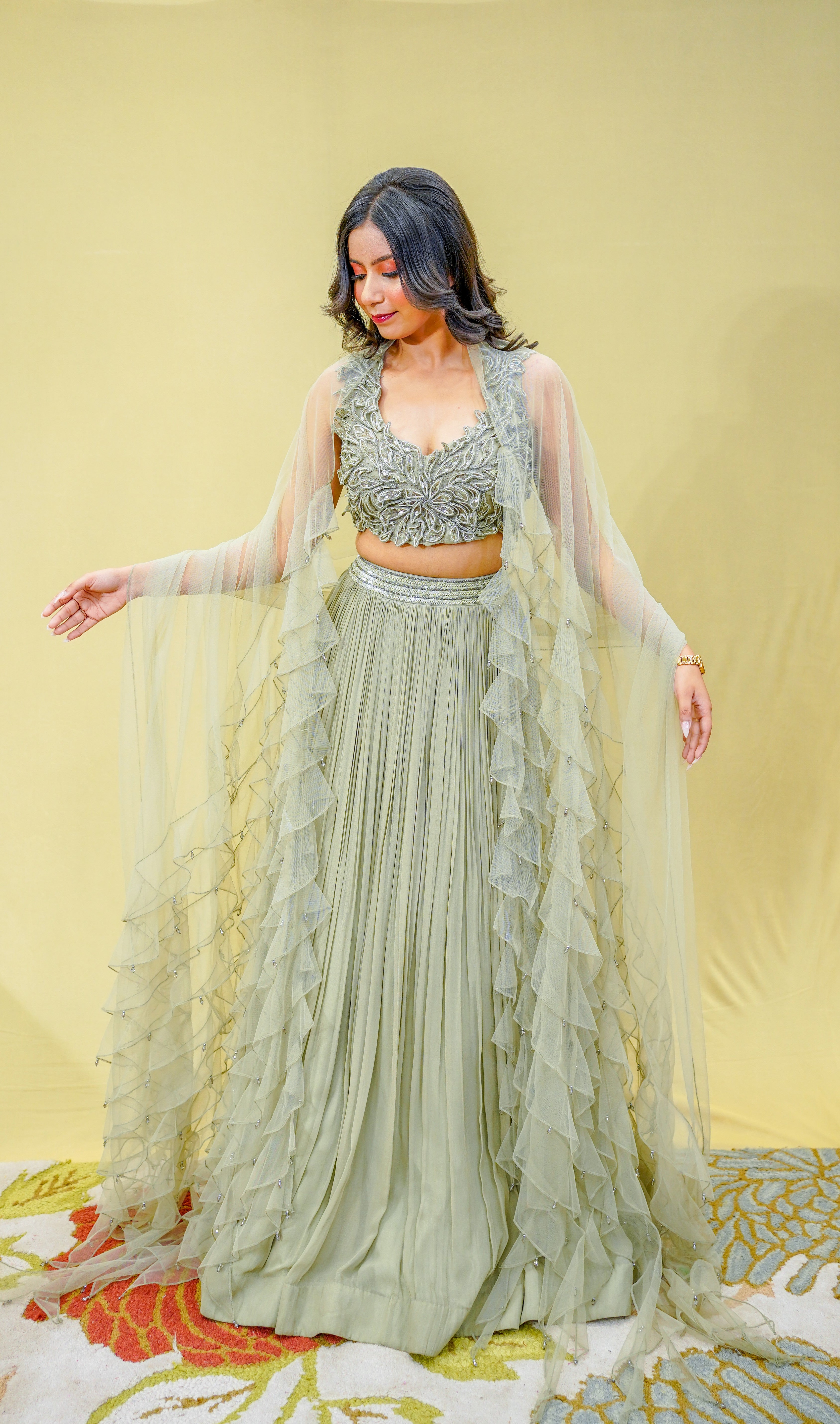 Sage Green 3D Work Crop Top Skirt Set