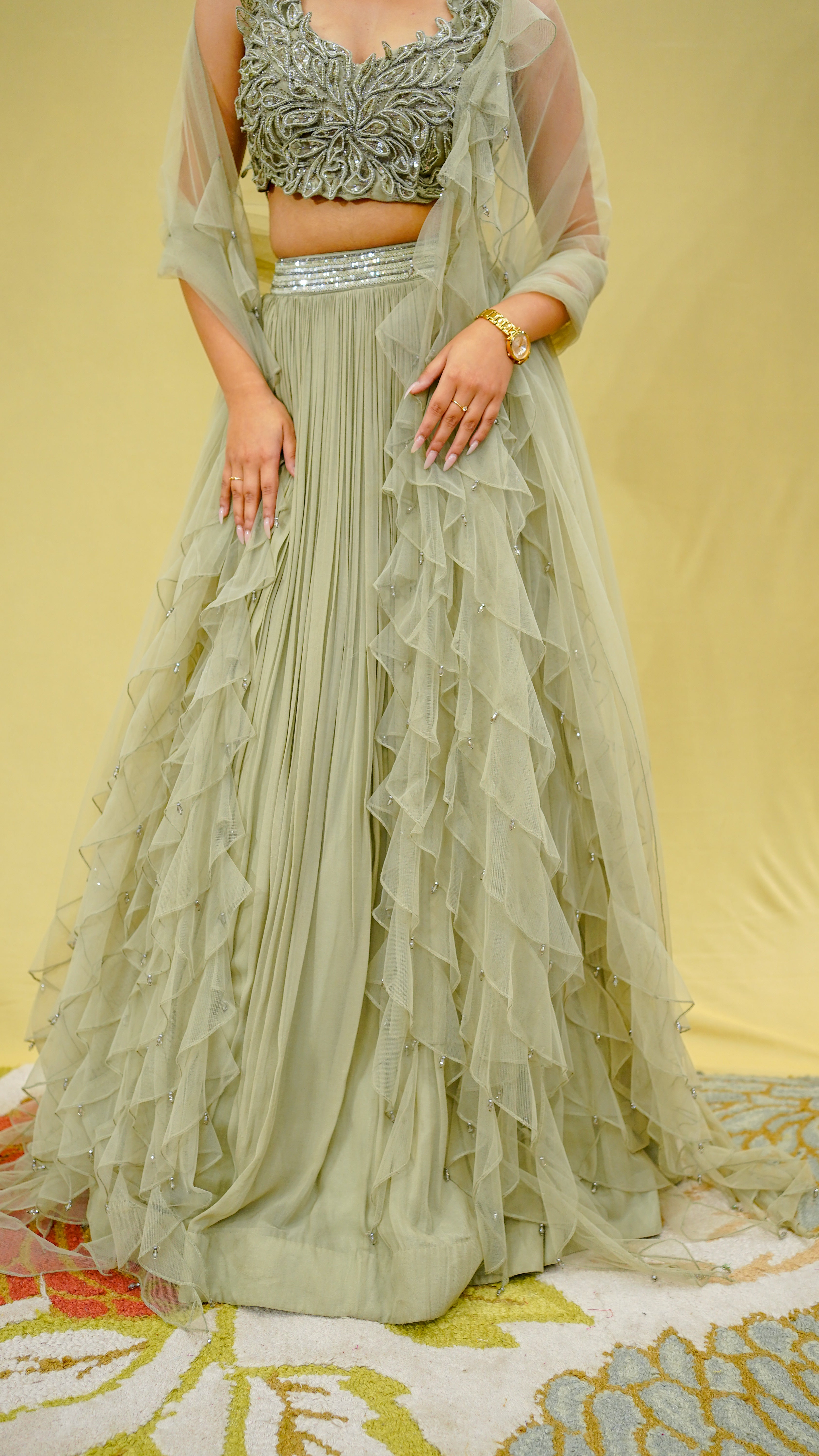 Sage Green 3D Work Crop Top Skirt Set