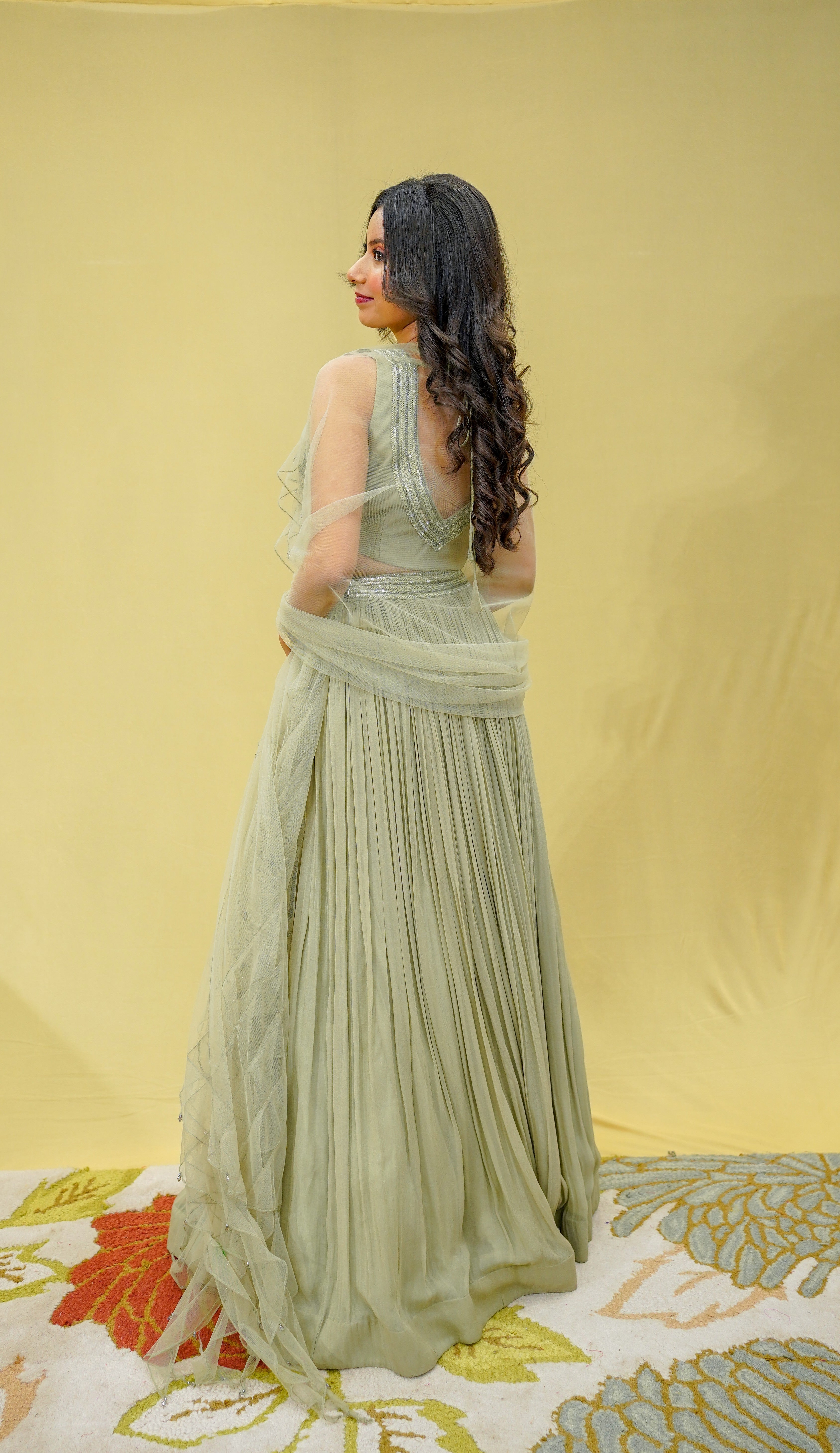 Sage Green 3D Work Crop Top Skirt Set