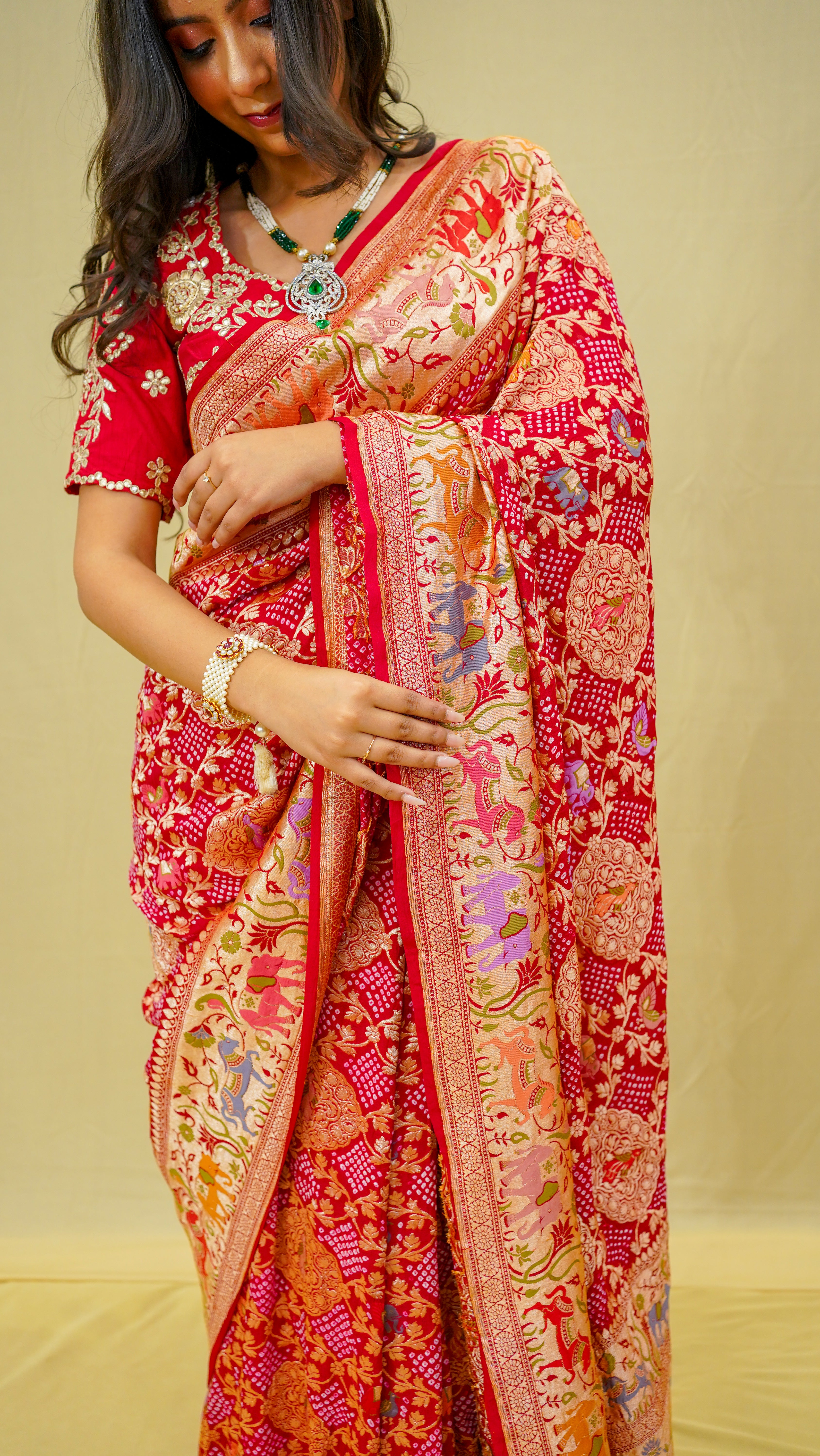 Banarasi Bandhani Khaddi Georgette Saree with Gold Zari Jaal