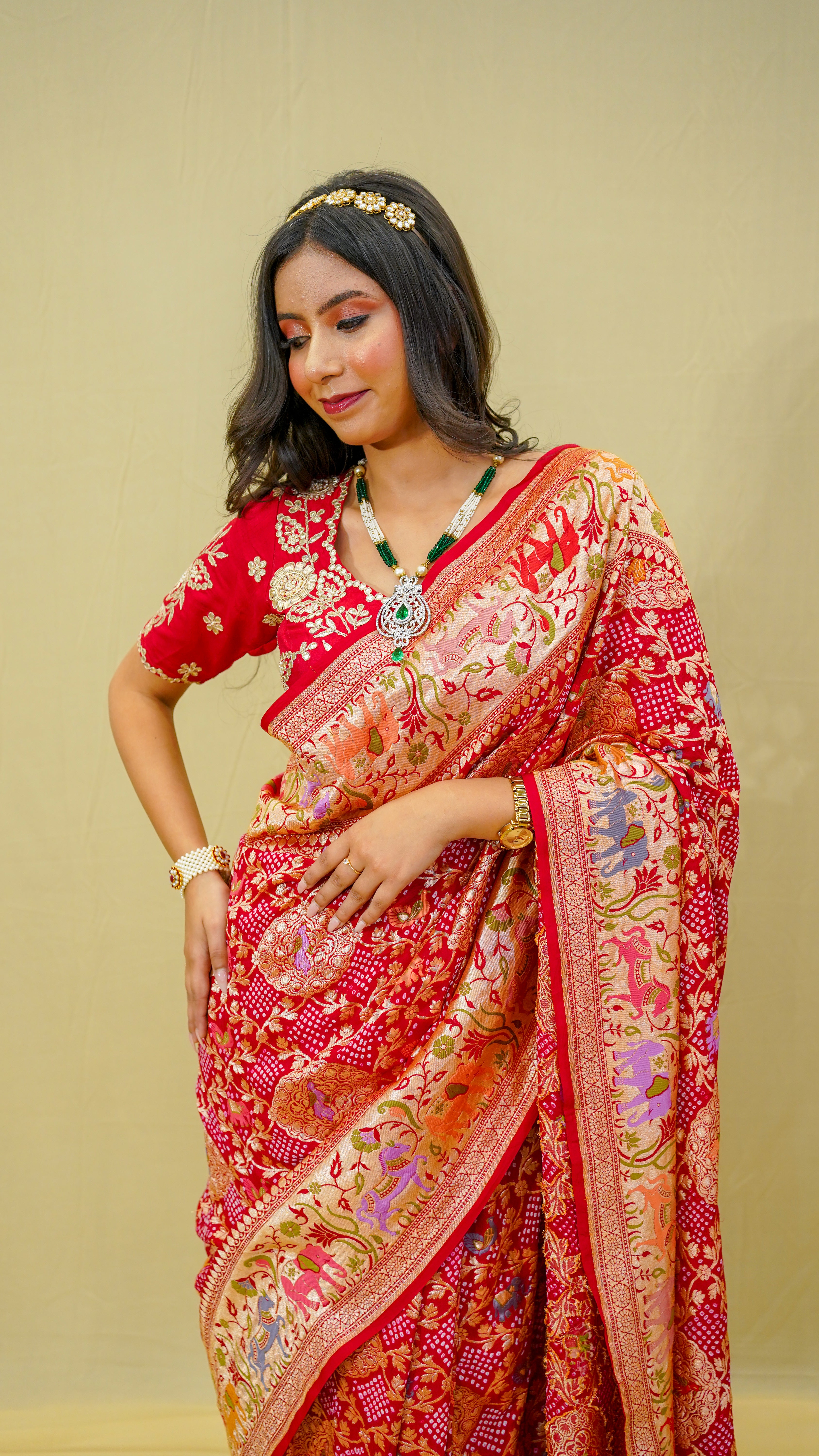 Banarasi Bandhani Khaddi Georgette Saree with Gold Zari Jaal