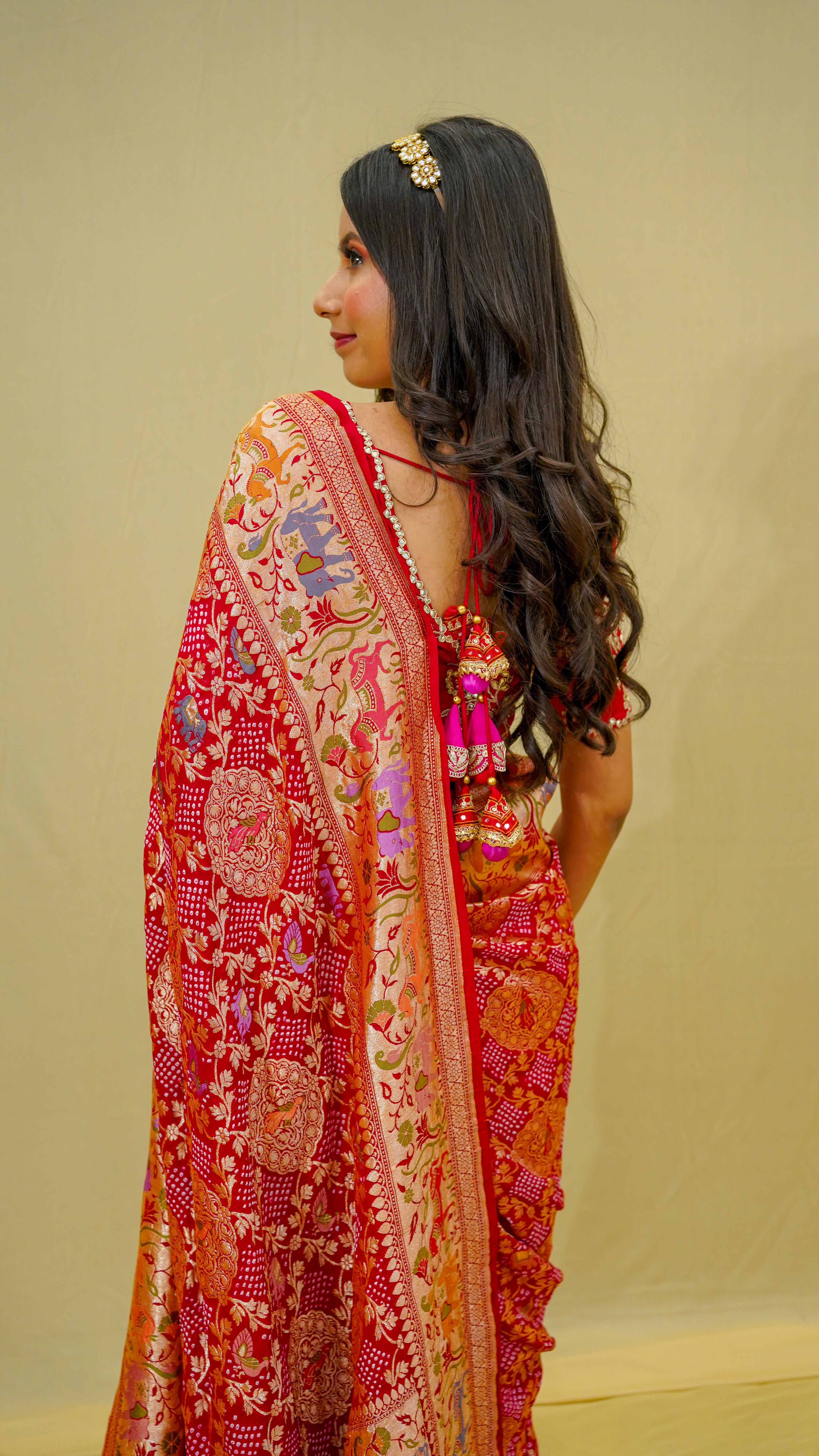 Banarasi Bandhani Khaddi Georgette Saree with Gold Zari Jaal