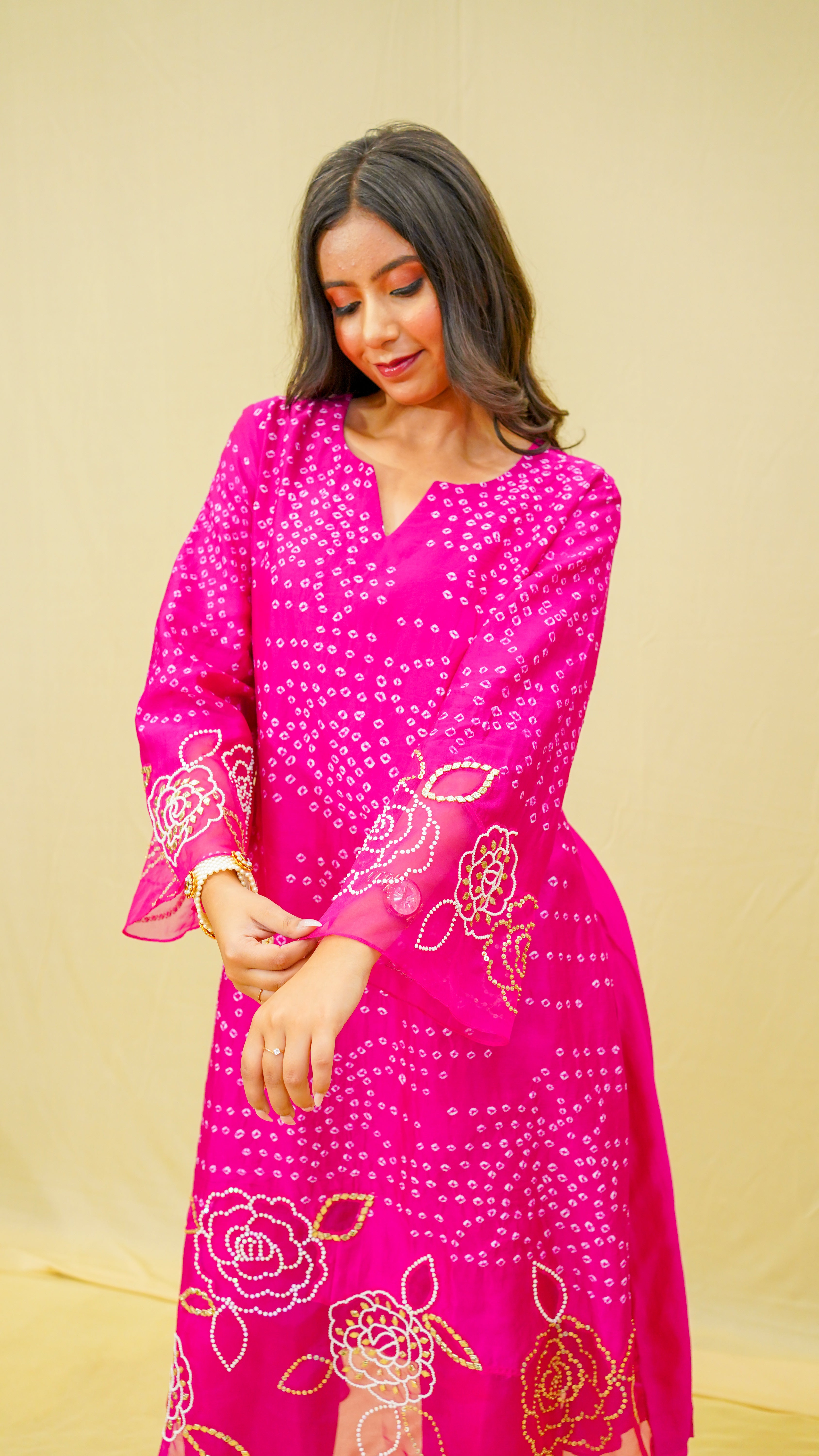 Hot Pink Gota &amp; Sequins Chanderi Silk Suit Set