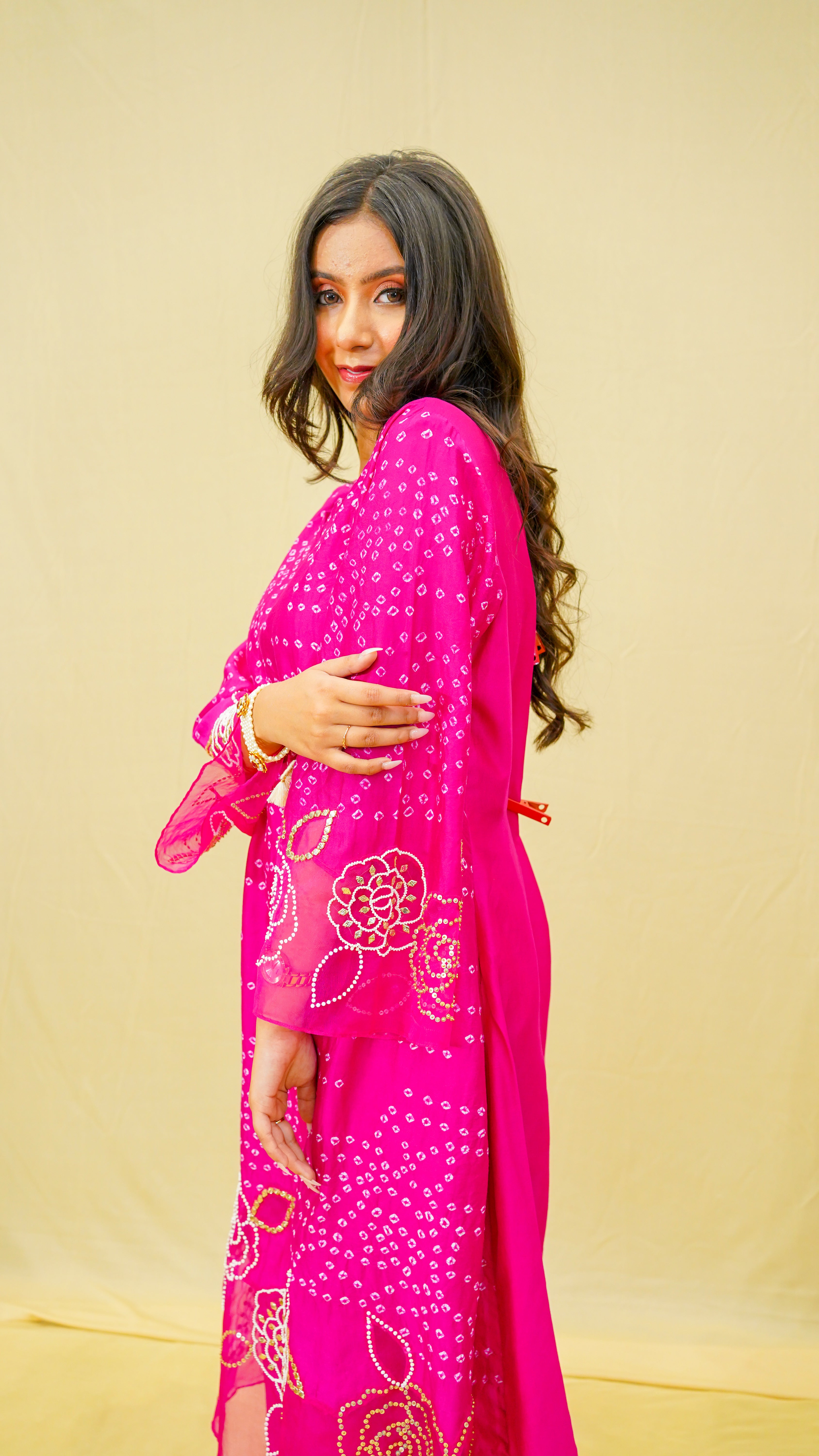Hot Pink Gota &amp; Sequins Chanderi Silk Suit Set