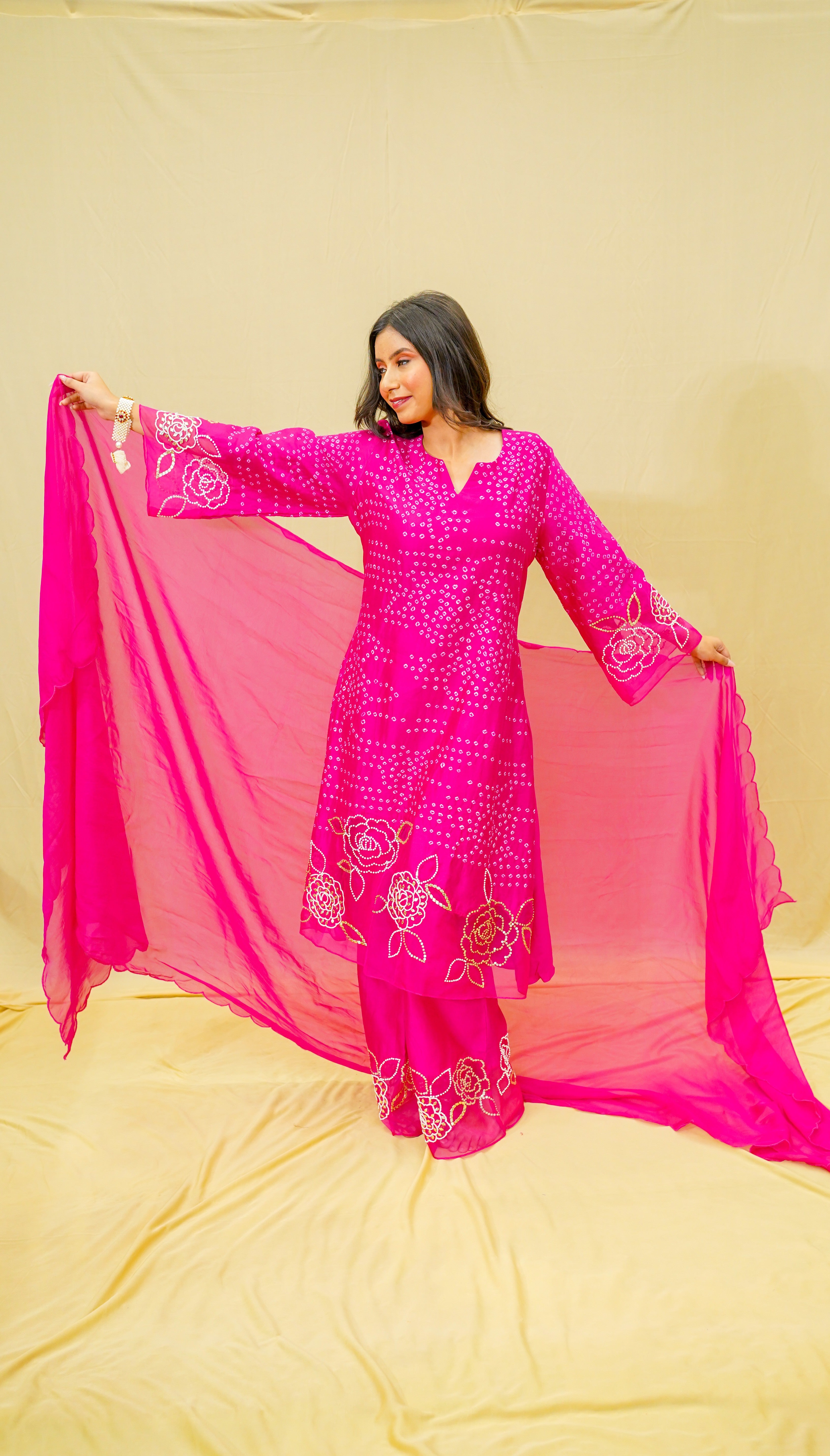 Hot Pink Gota &amp; Sequins Chanderi Silk Suit Set