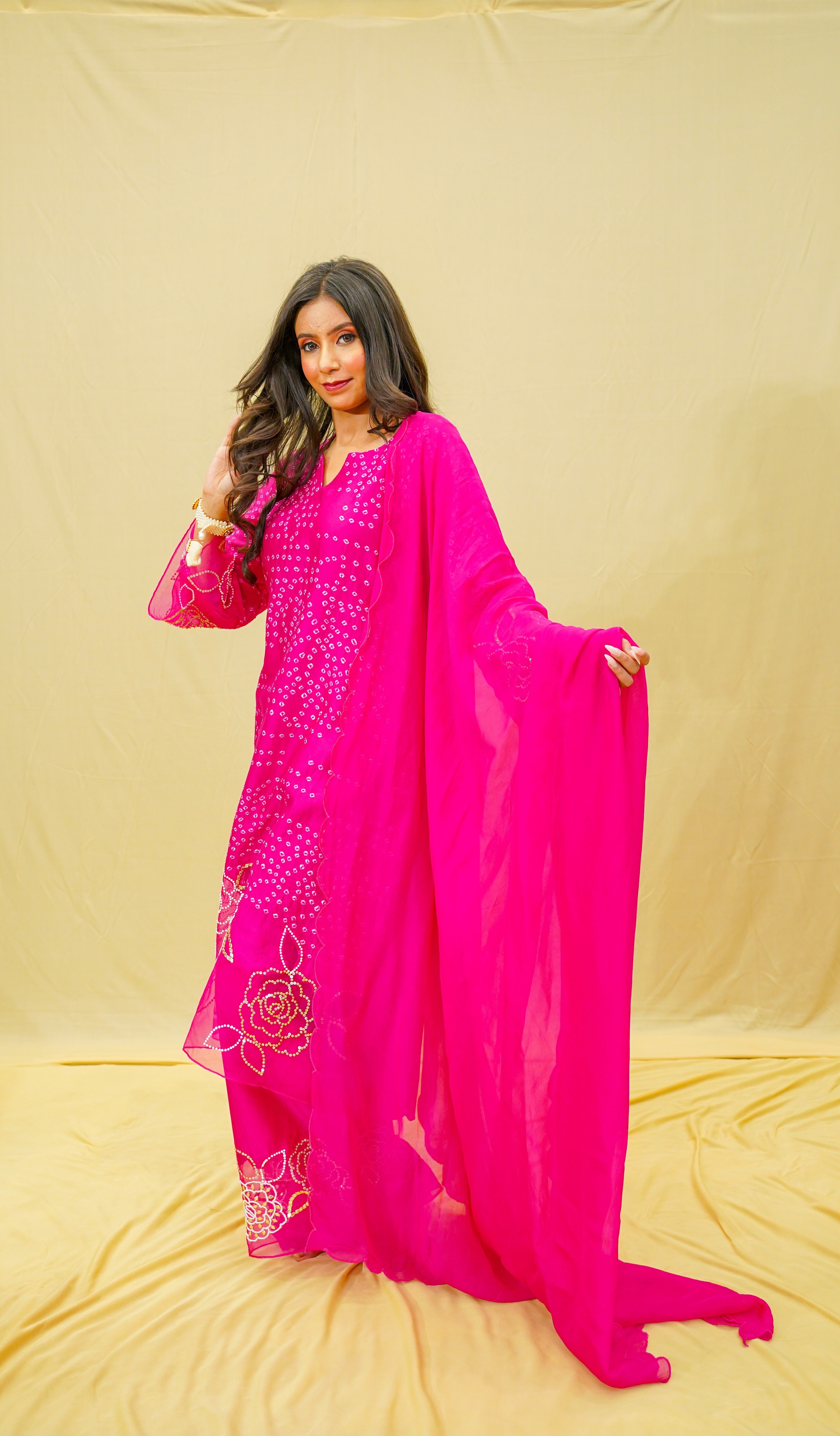 Hot Pink Gota &amp; Sequins Chanderi Silk Suit Set