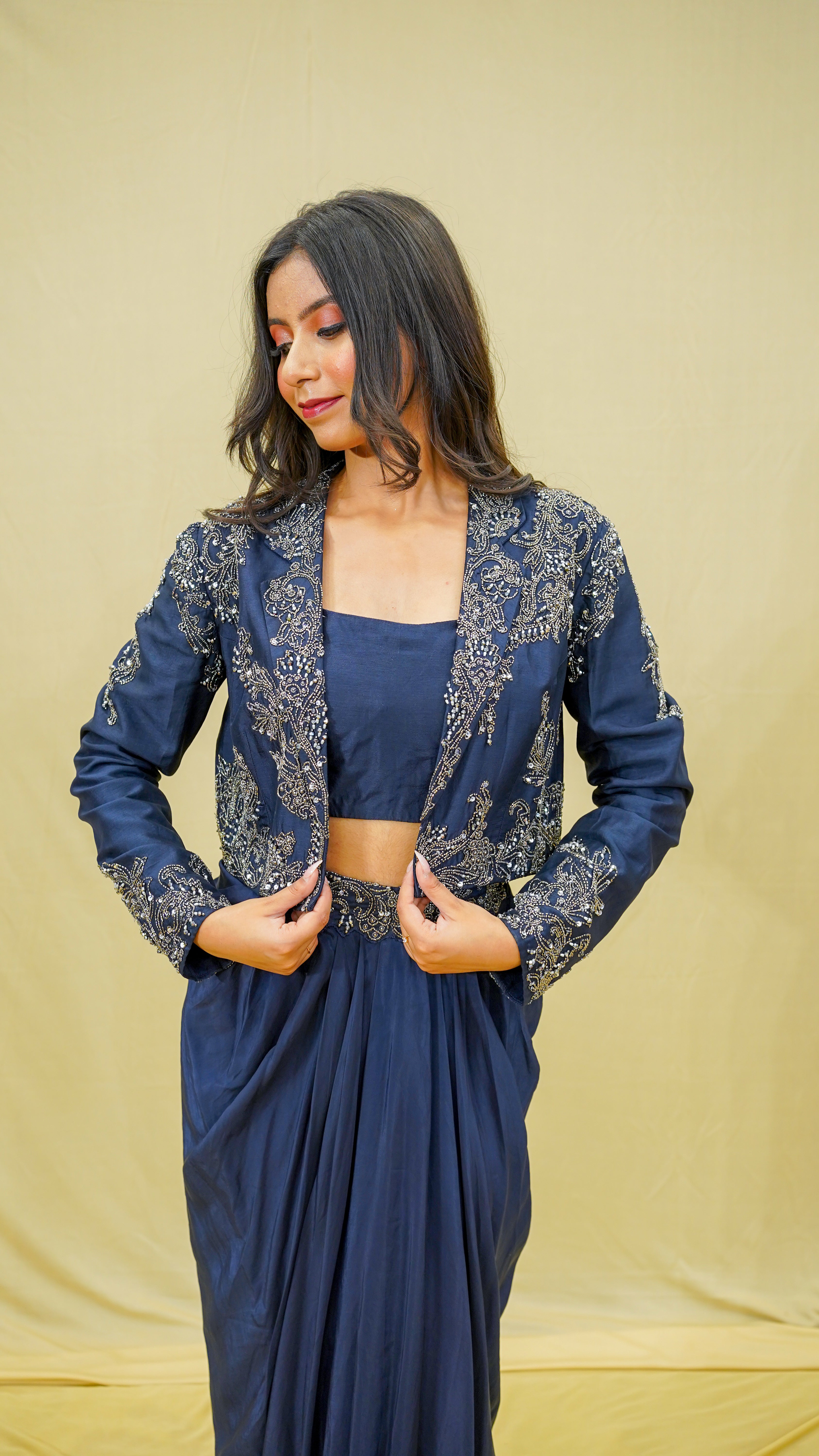 Midnight Blue Indo-Western Set with Oxidized Handwork