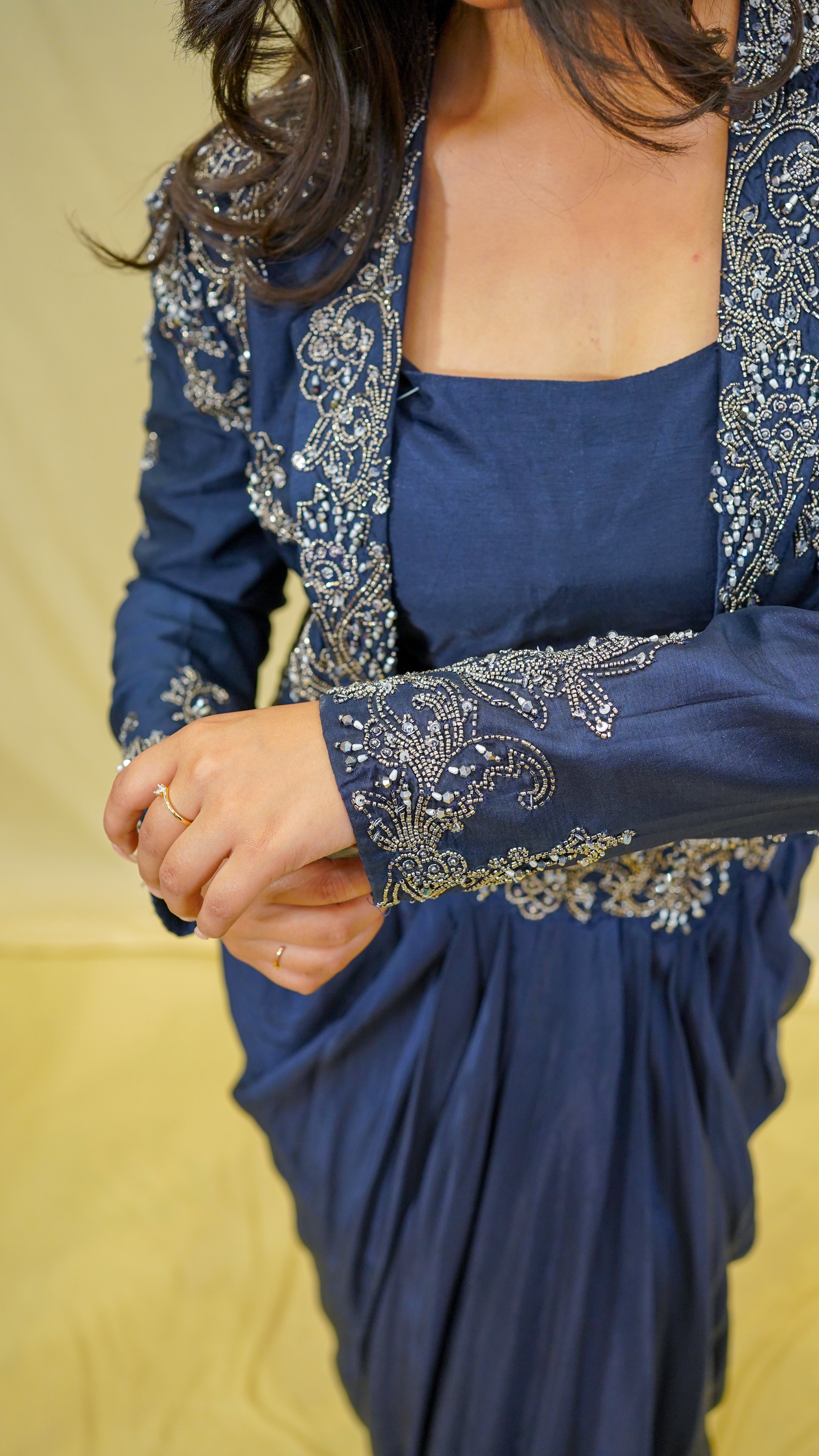 Midnight Blue Indo-Western Set with Oxidized Handwork
