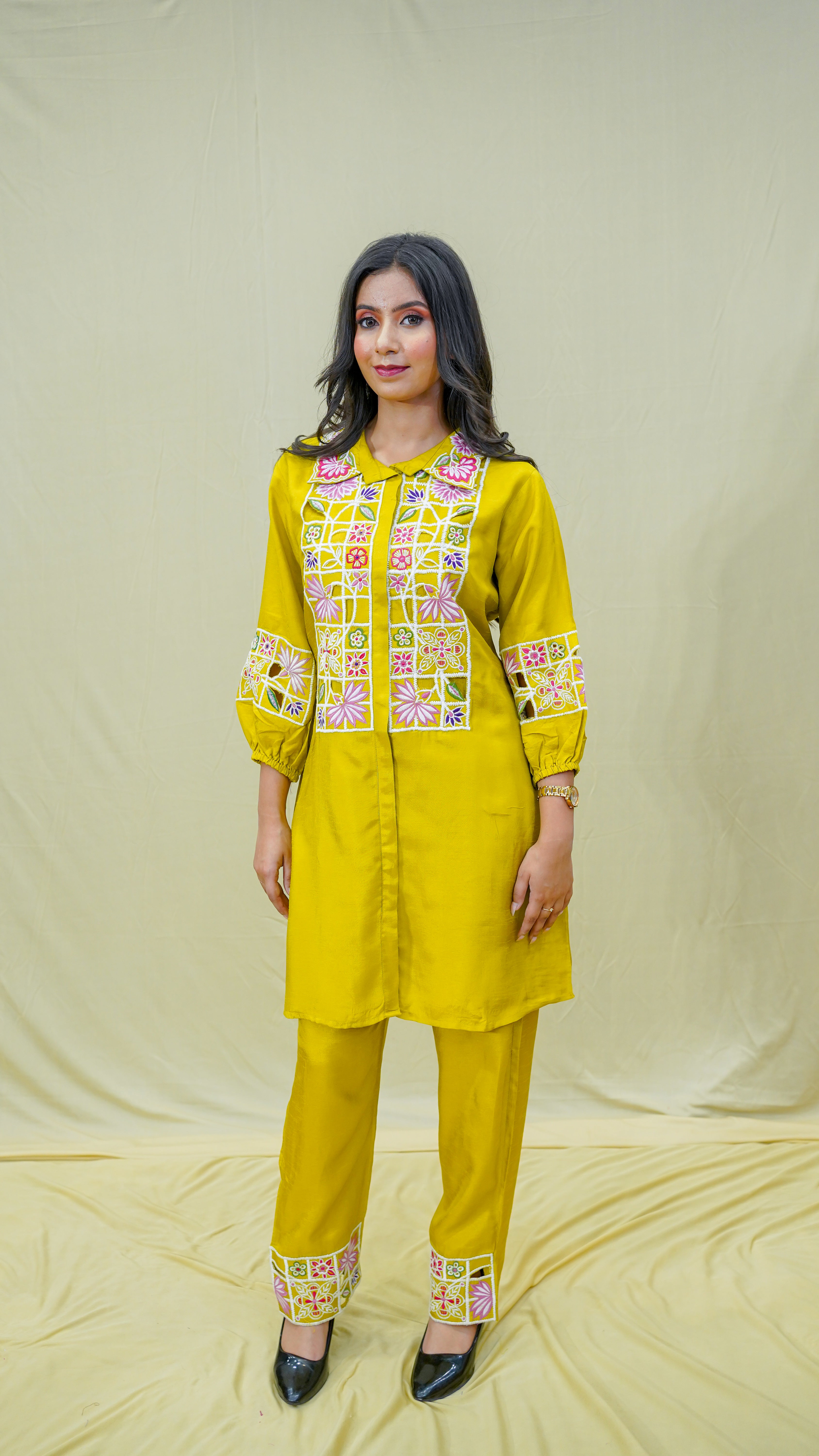Yellow Resham Cutwork Coord Set
