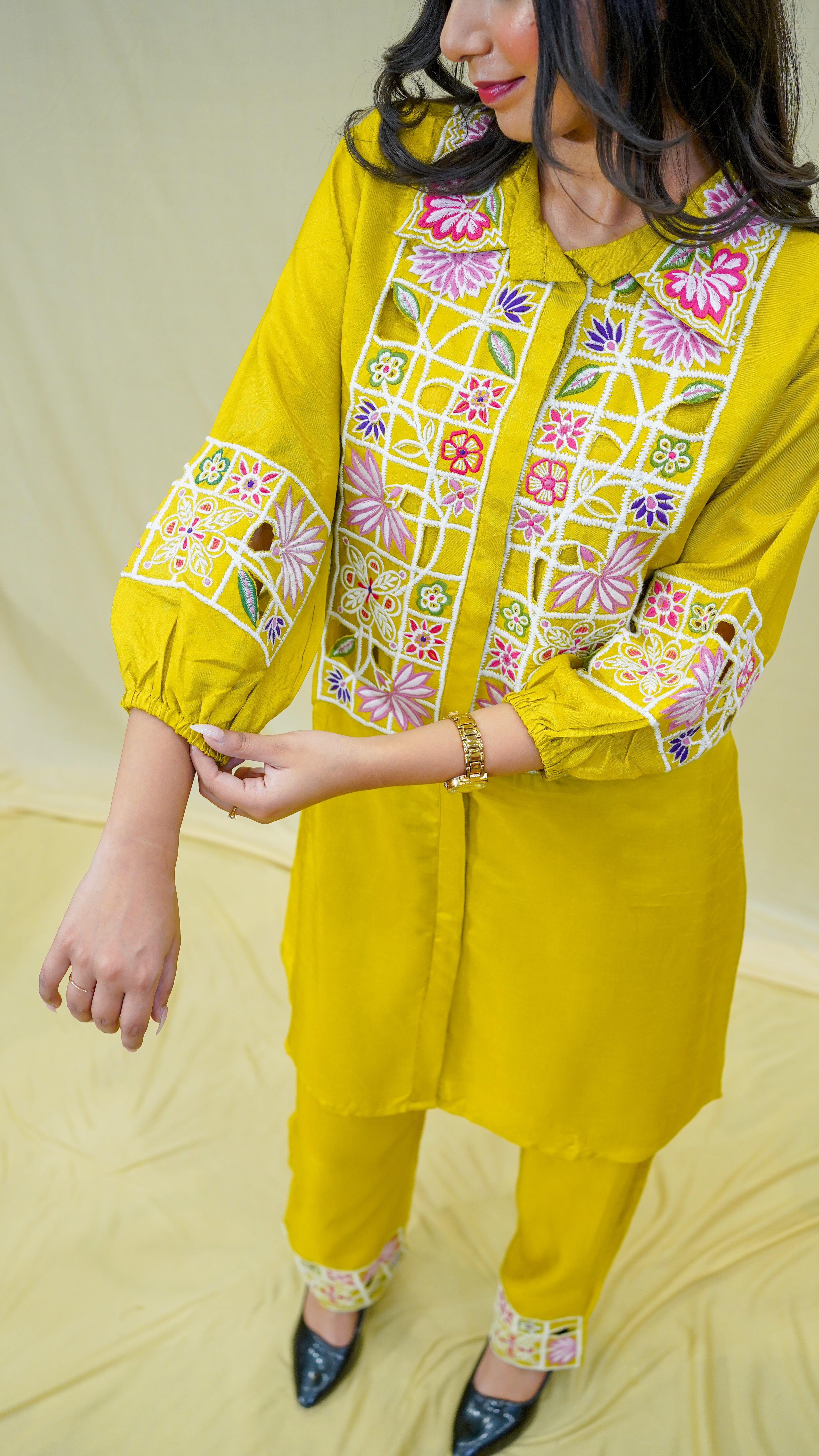 Yellow Resham Cutwork Coord Set