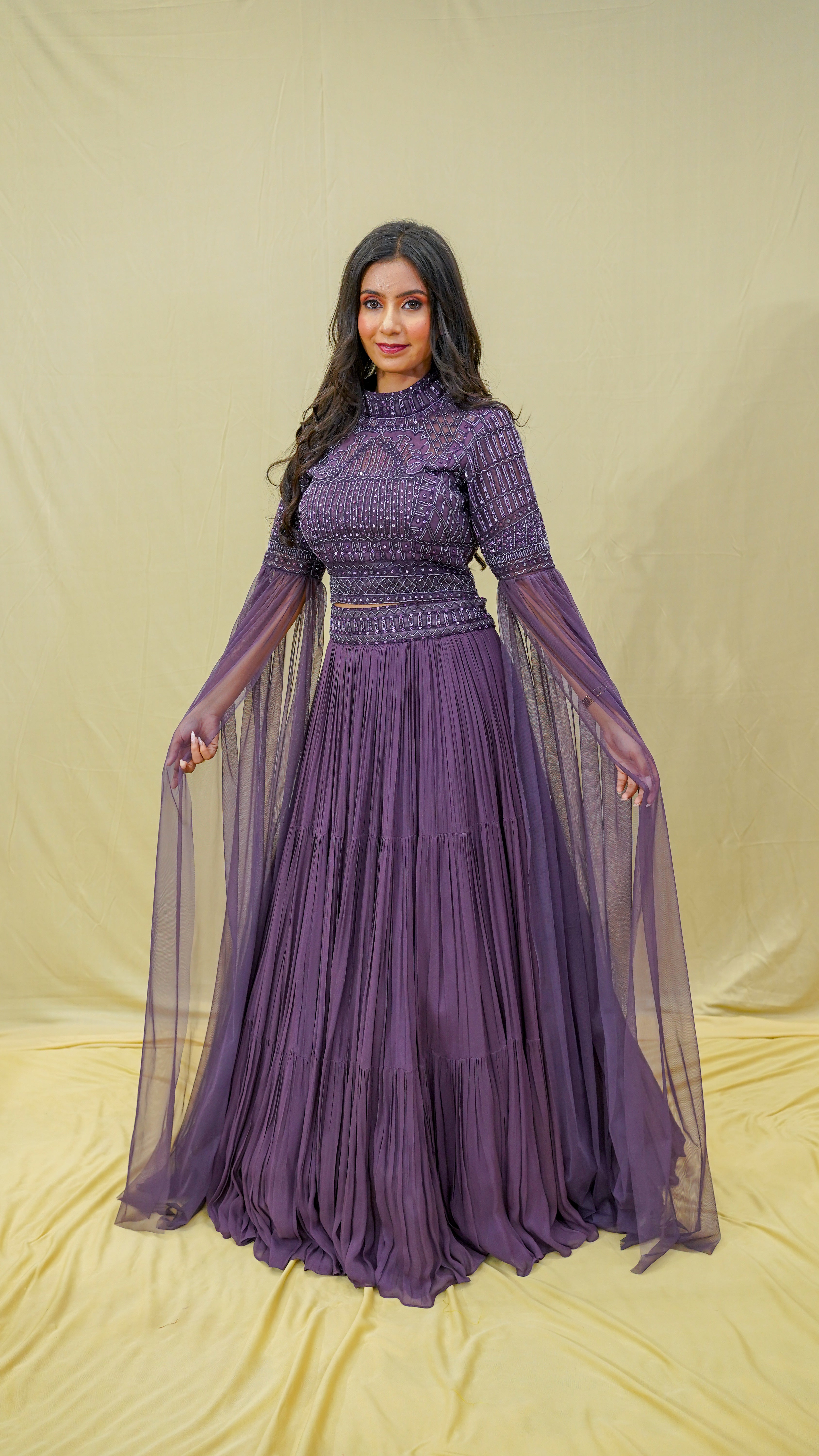Plum Pearl-Embellished Indo-Western Set