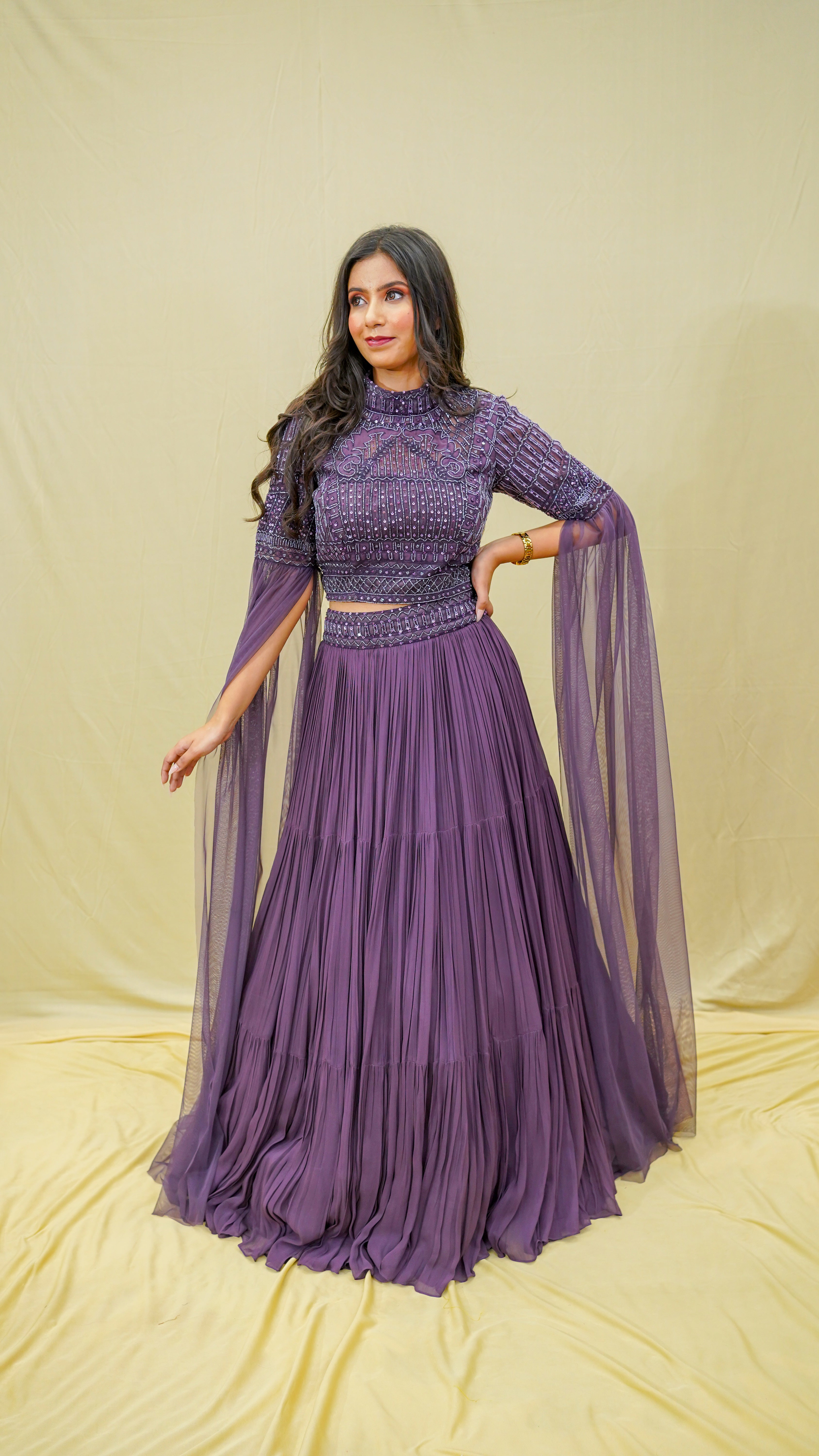 Plum Pearl-Embellished Indo-Western Set