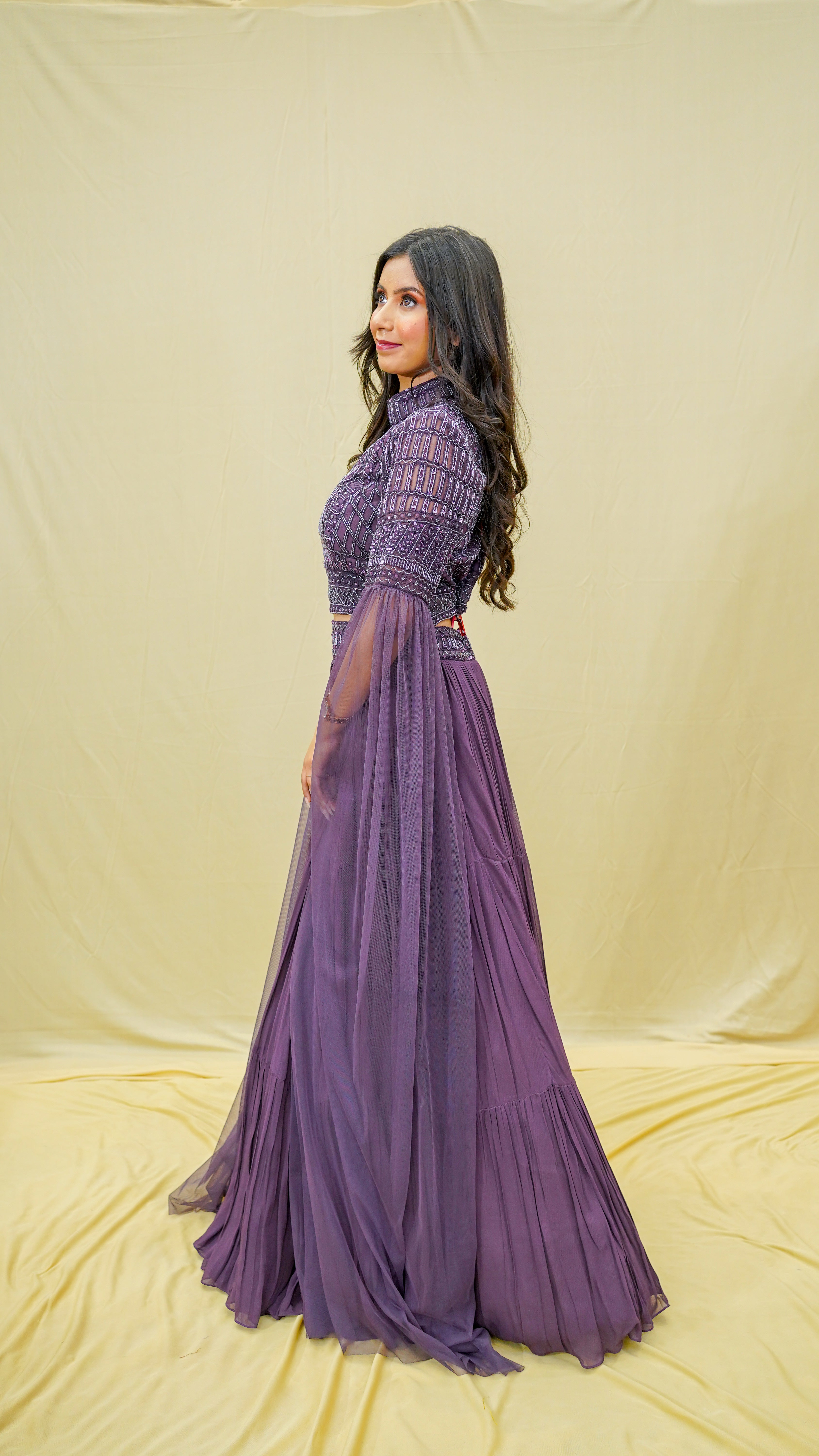 Plum Pearl-Embellished Indo-Western Set