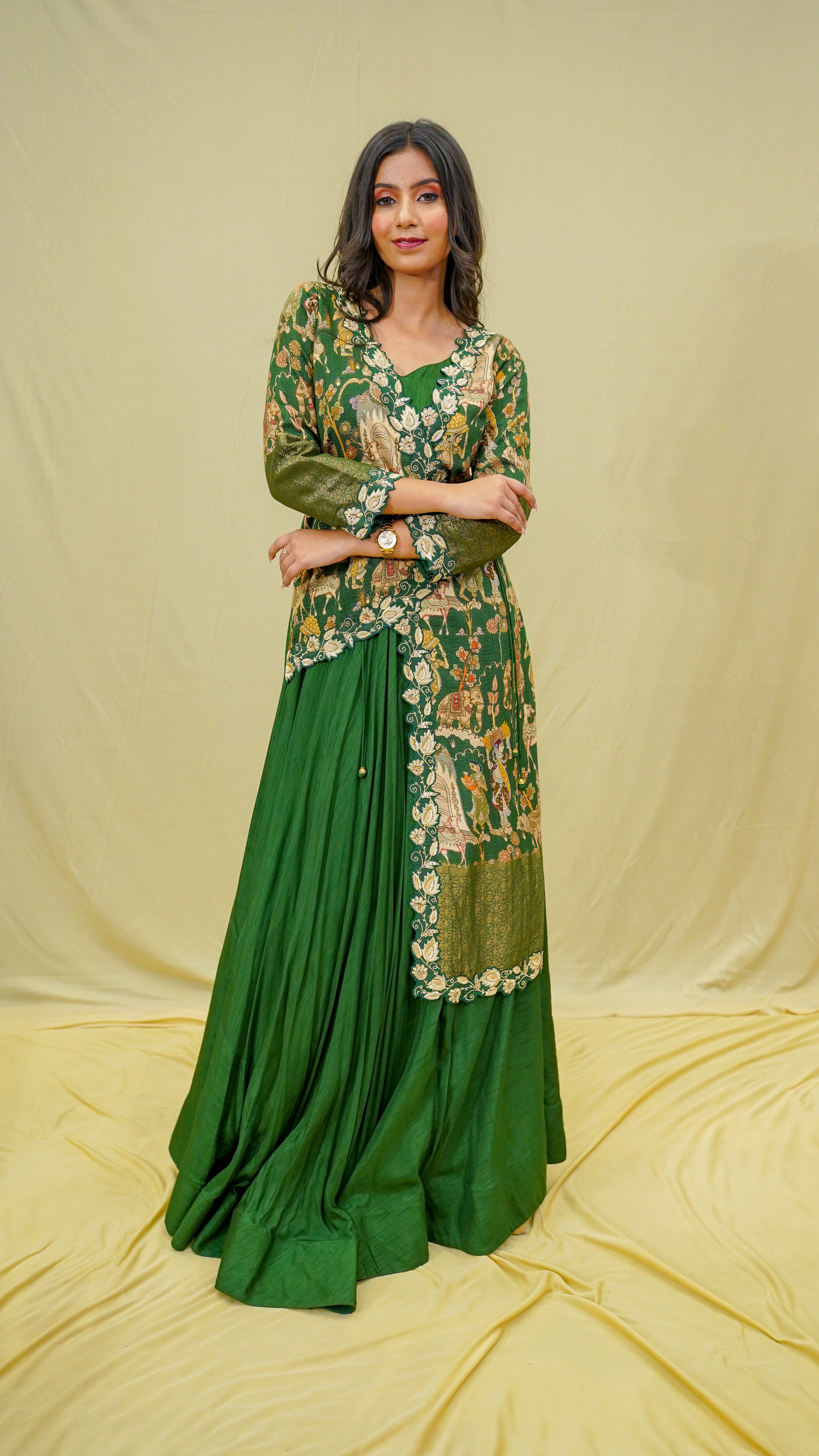 Product Name: Green Kalamkari Gown with Attached Jacket