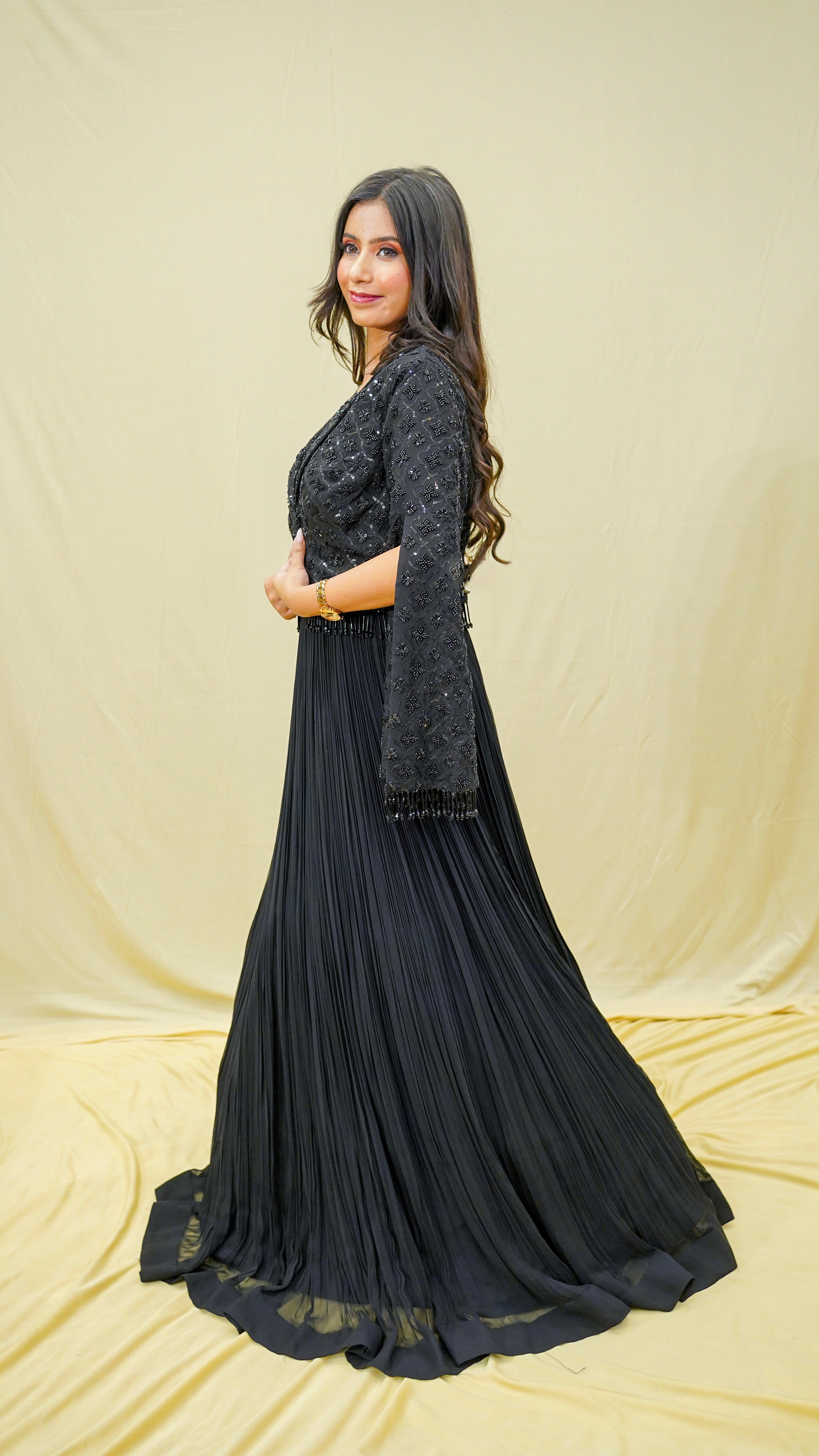 Black Sequins &amp; Pipe Work Pleated Gown with Jacket