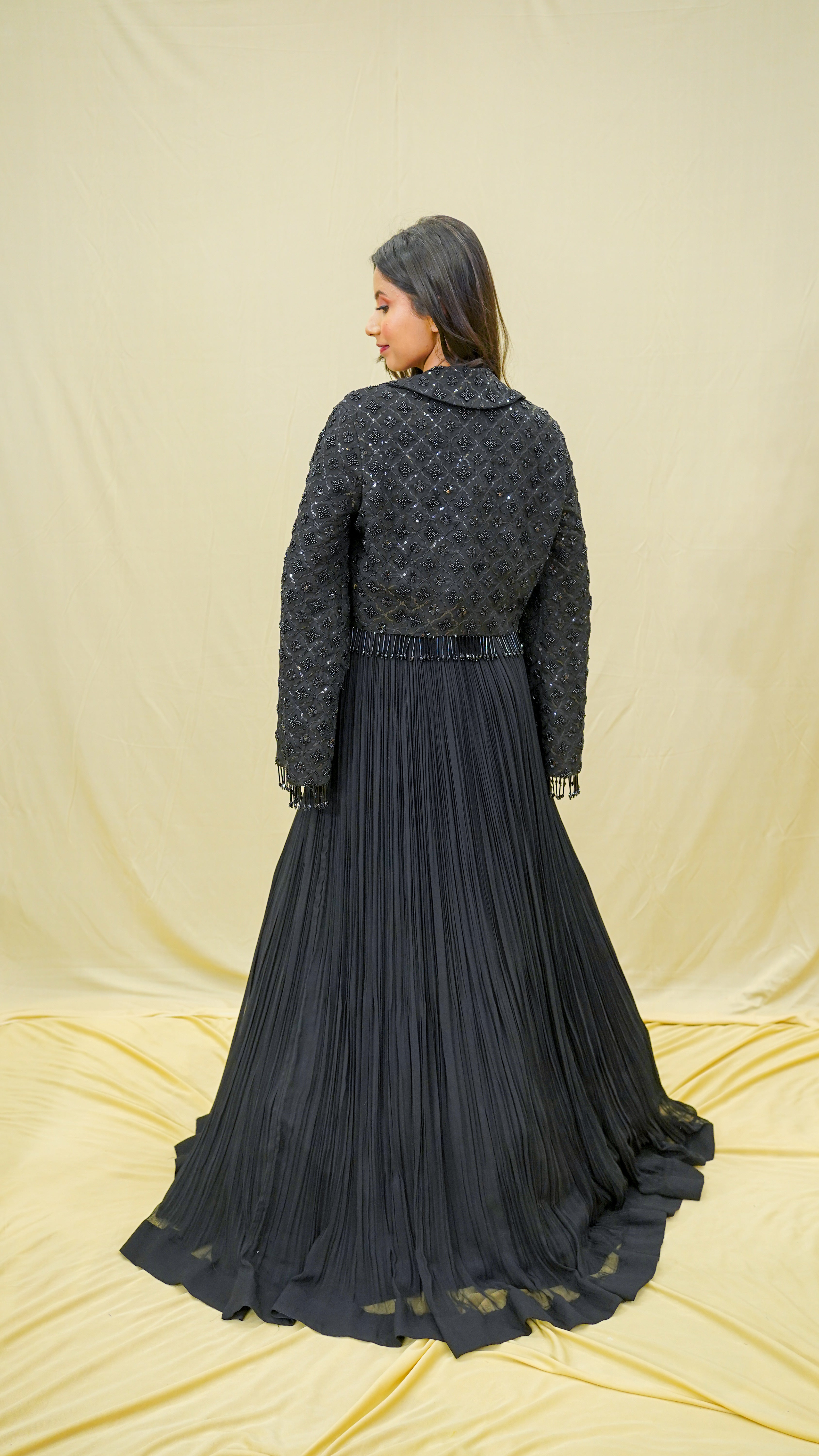 Black Sequins &amp; Pipe Work Pleated Gown with Jacket