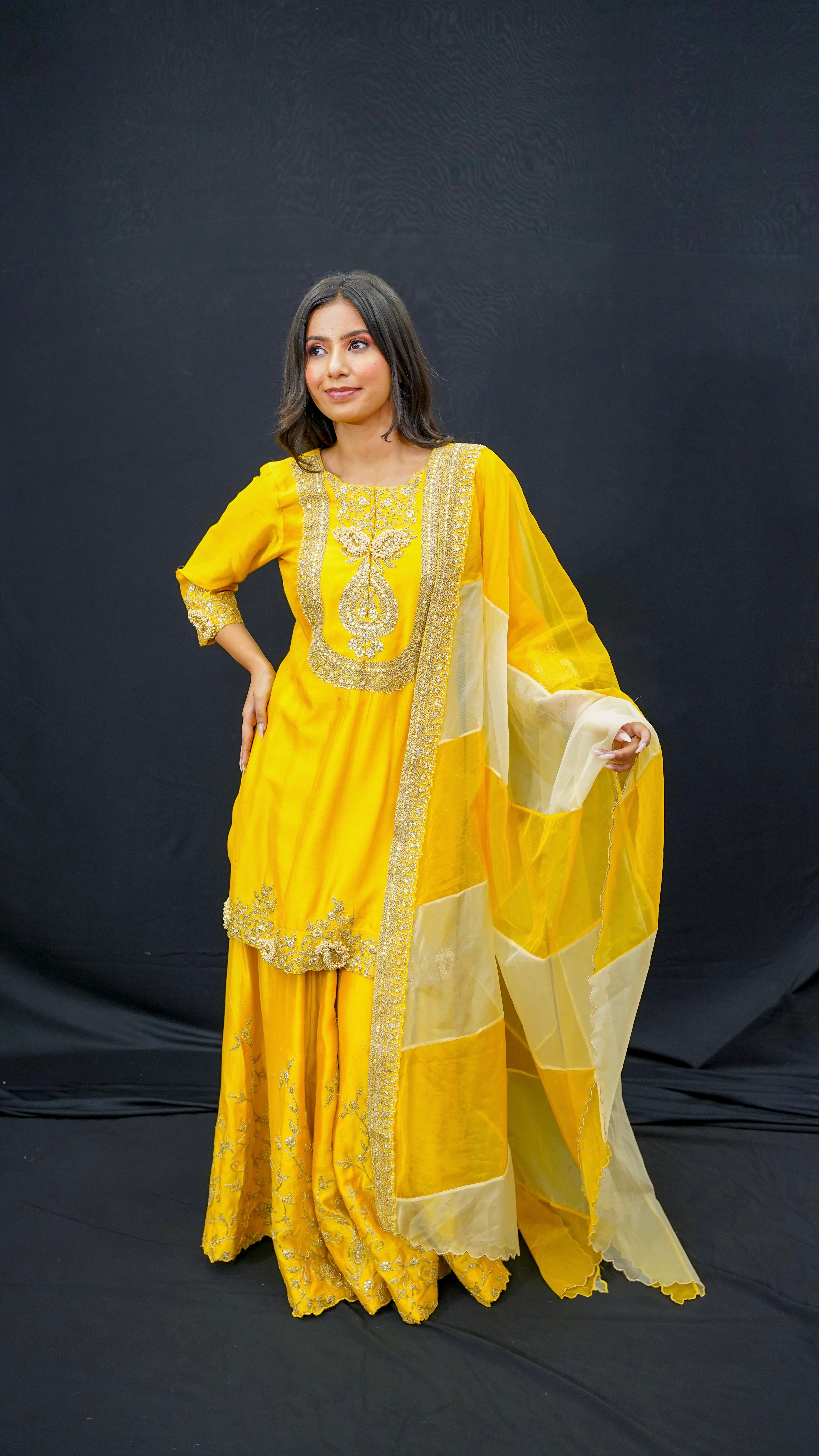Sunshine Yellow Chanderi Silk Gharara Set with Fine Aari Taari Work