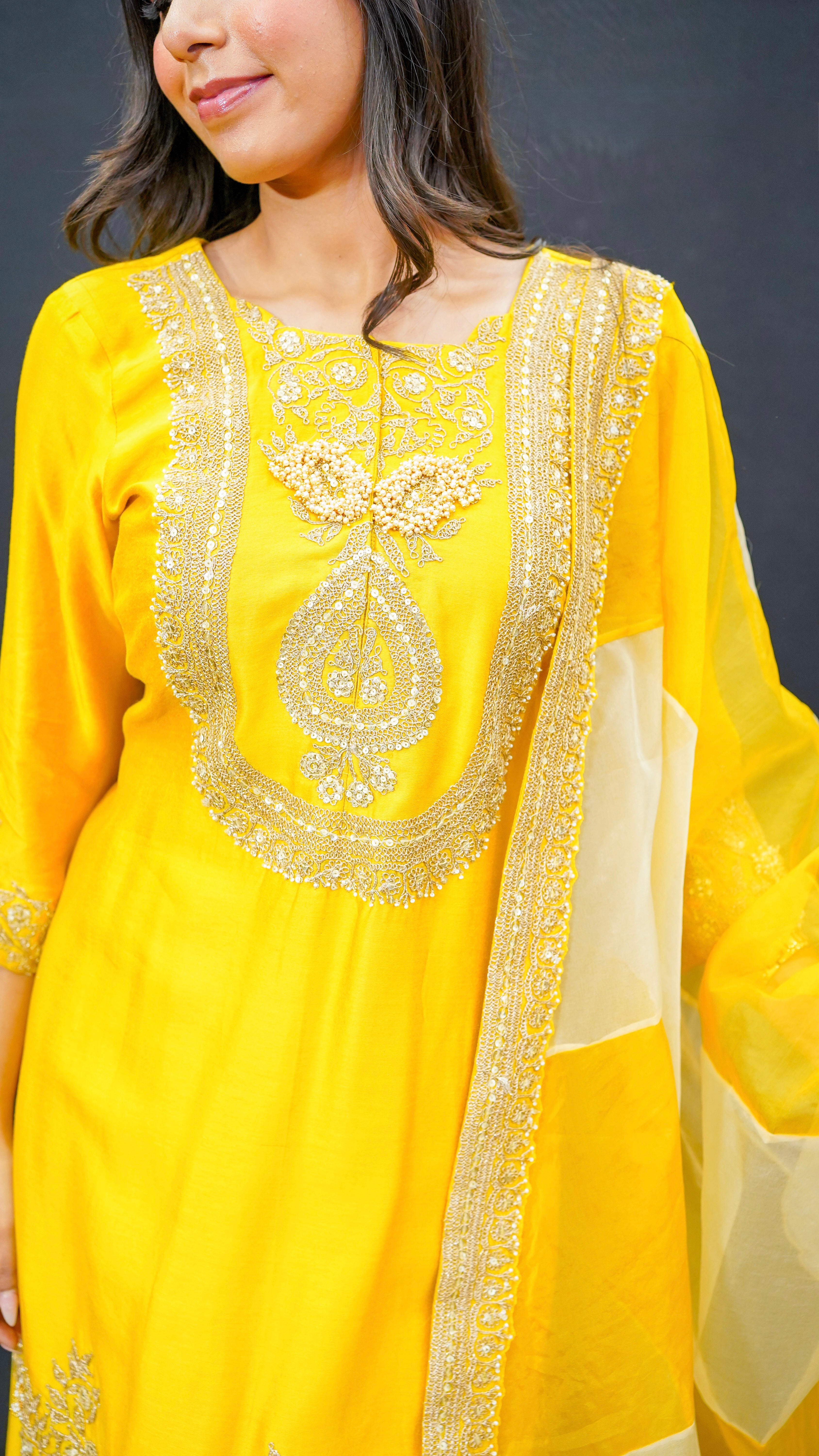 Sunshine Yellow Chanderi Silk Gharara Set with Fine Aari Taari Work