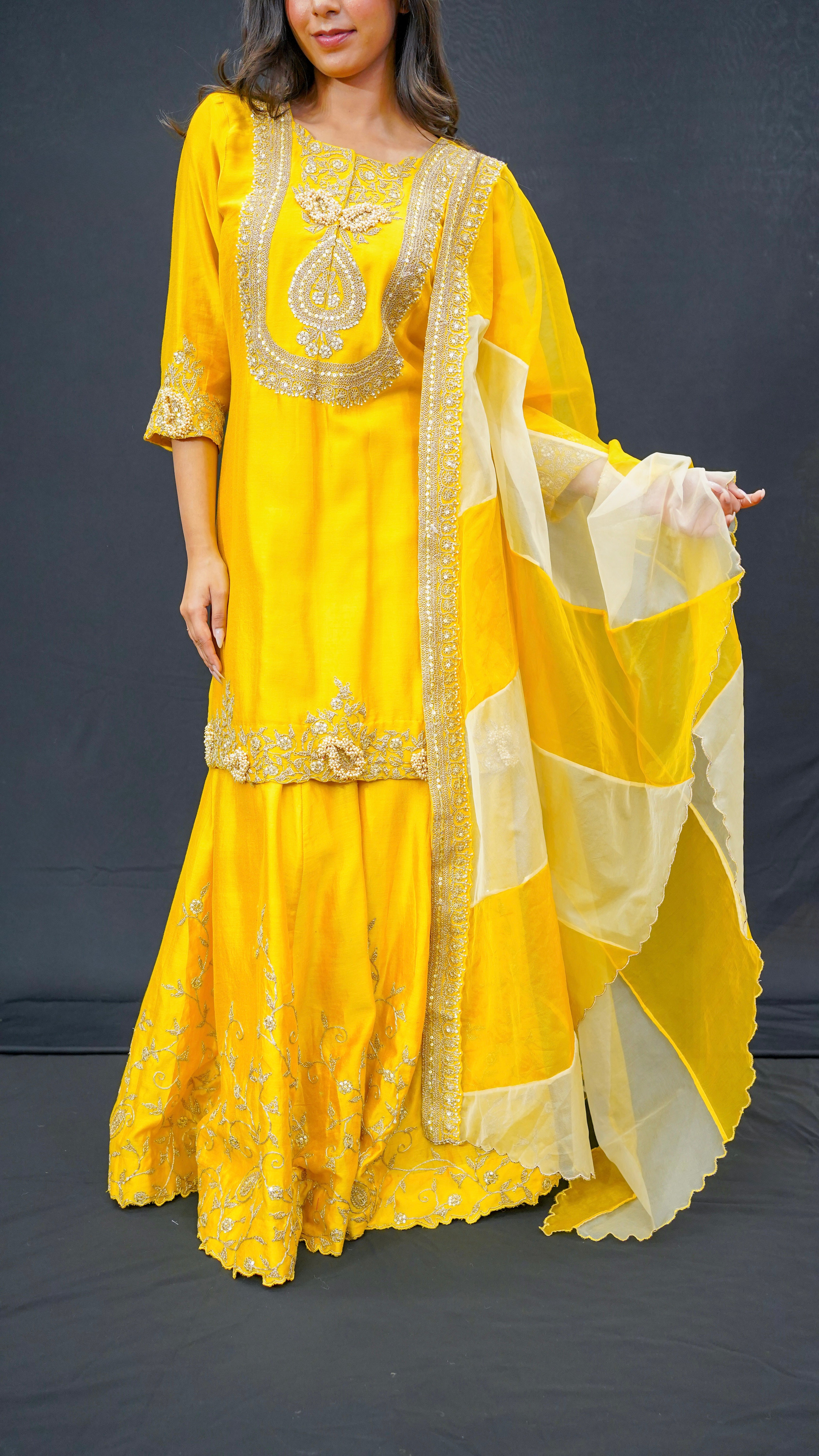 Sunshine Yellow Chanderi Silk Gharara Set with Fine Aari Taari Work