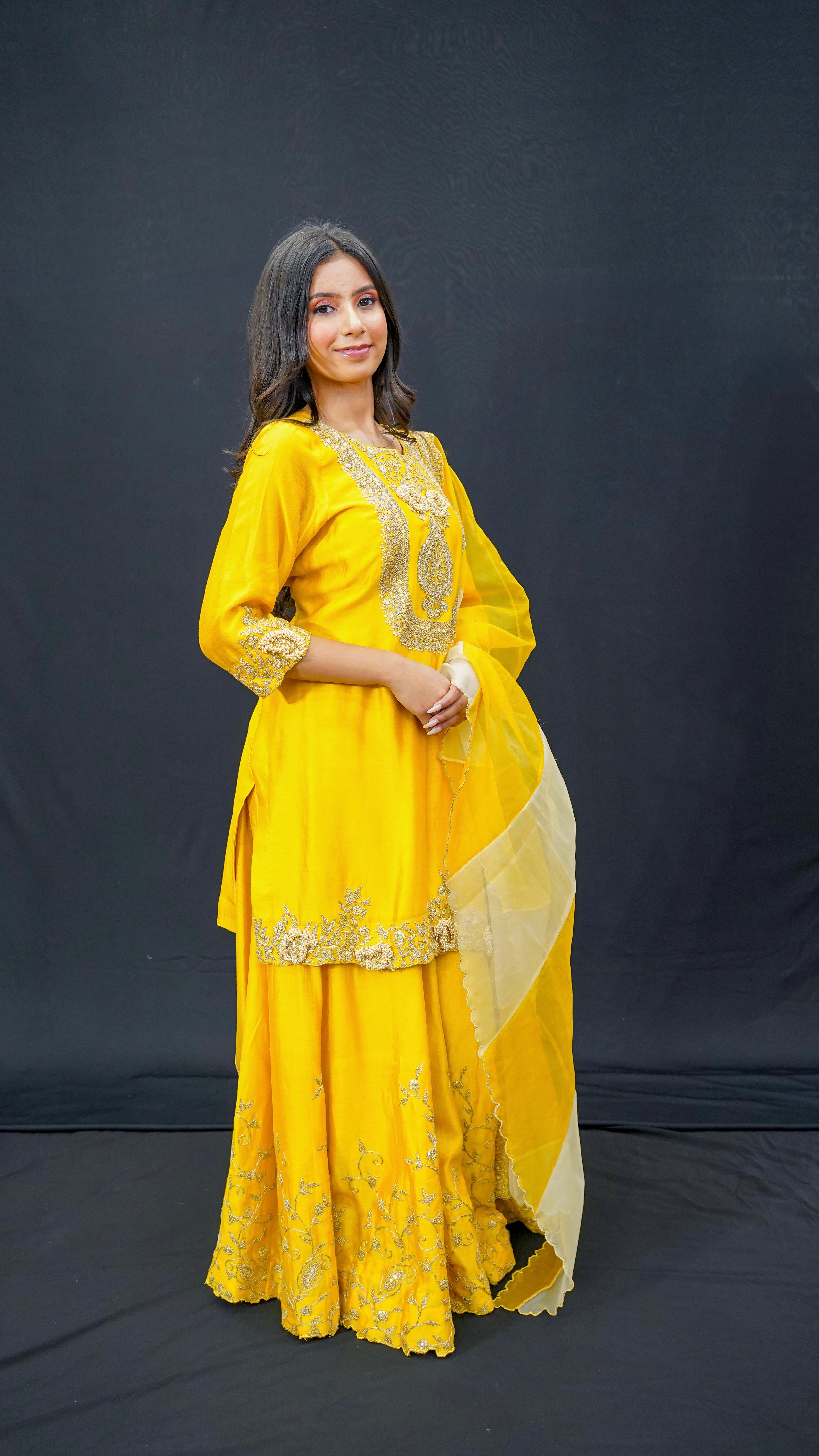 Sunshine Yellow Chanderi Silk Gharara Set with Fine Aari Taari Work