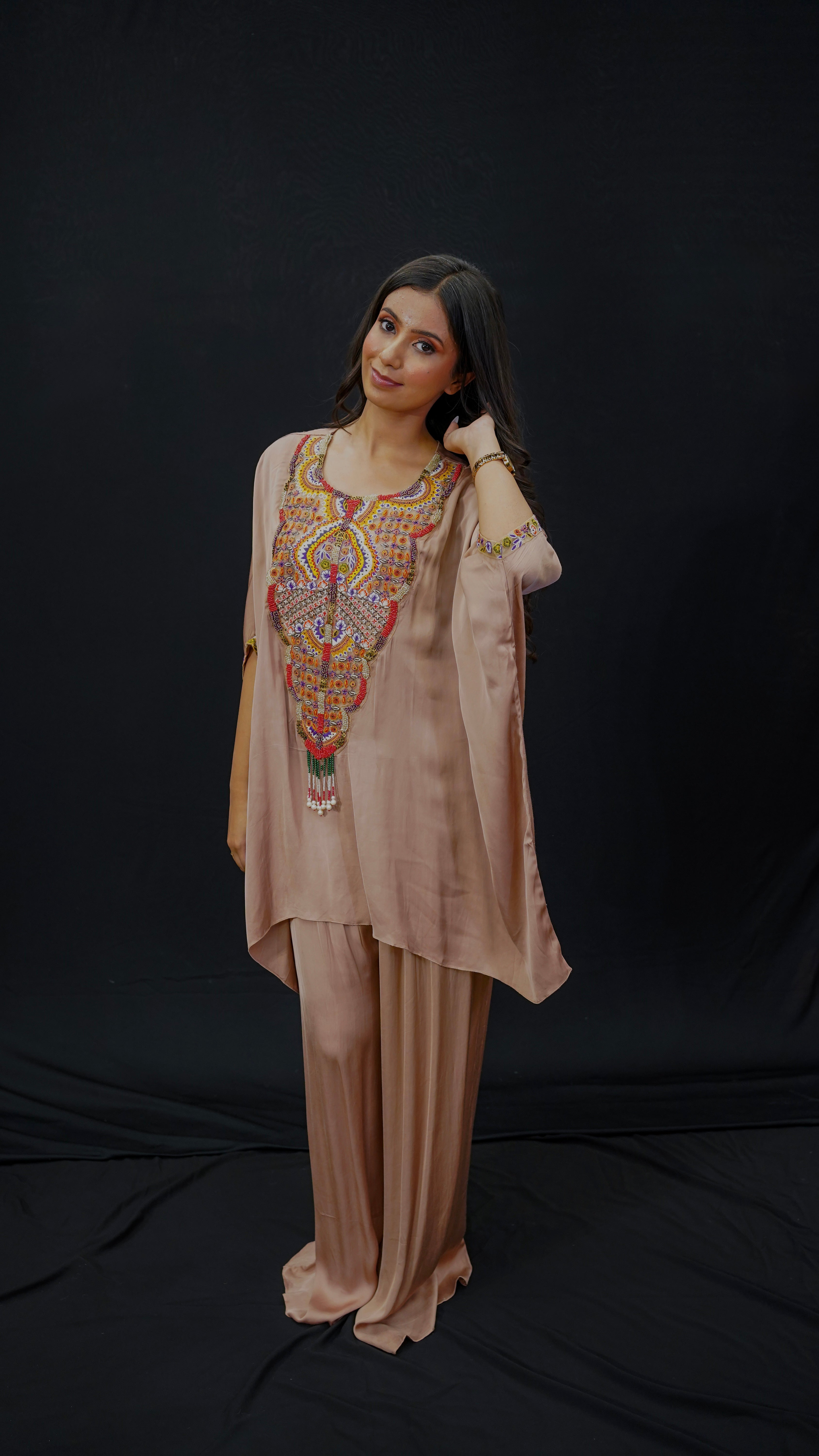 Blush Satin Cord Set with Kaftan in Resham &amp; Multi-Bead Work