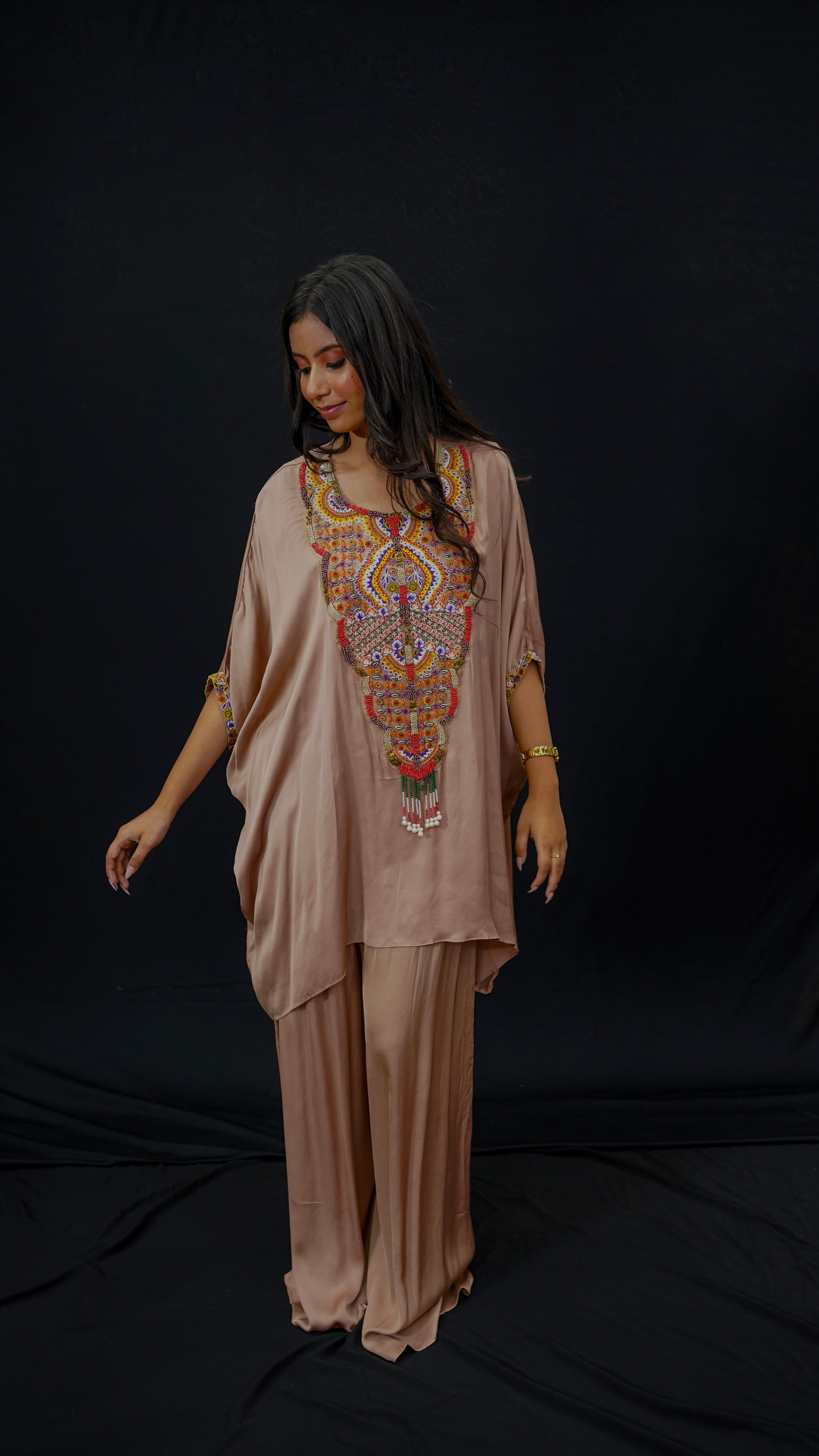 Blush Satin Cord Set with Kaftan in Resham &amp; Multi-Bead Work