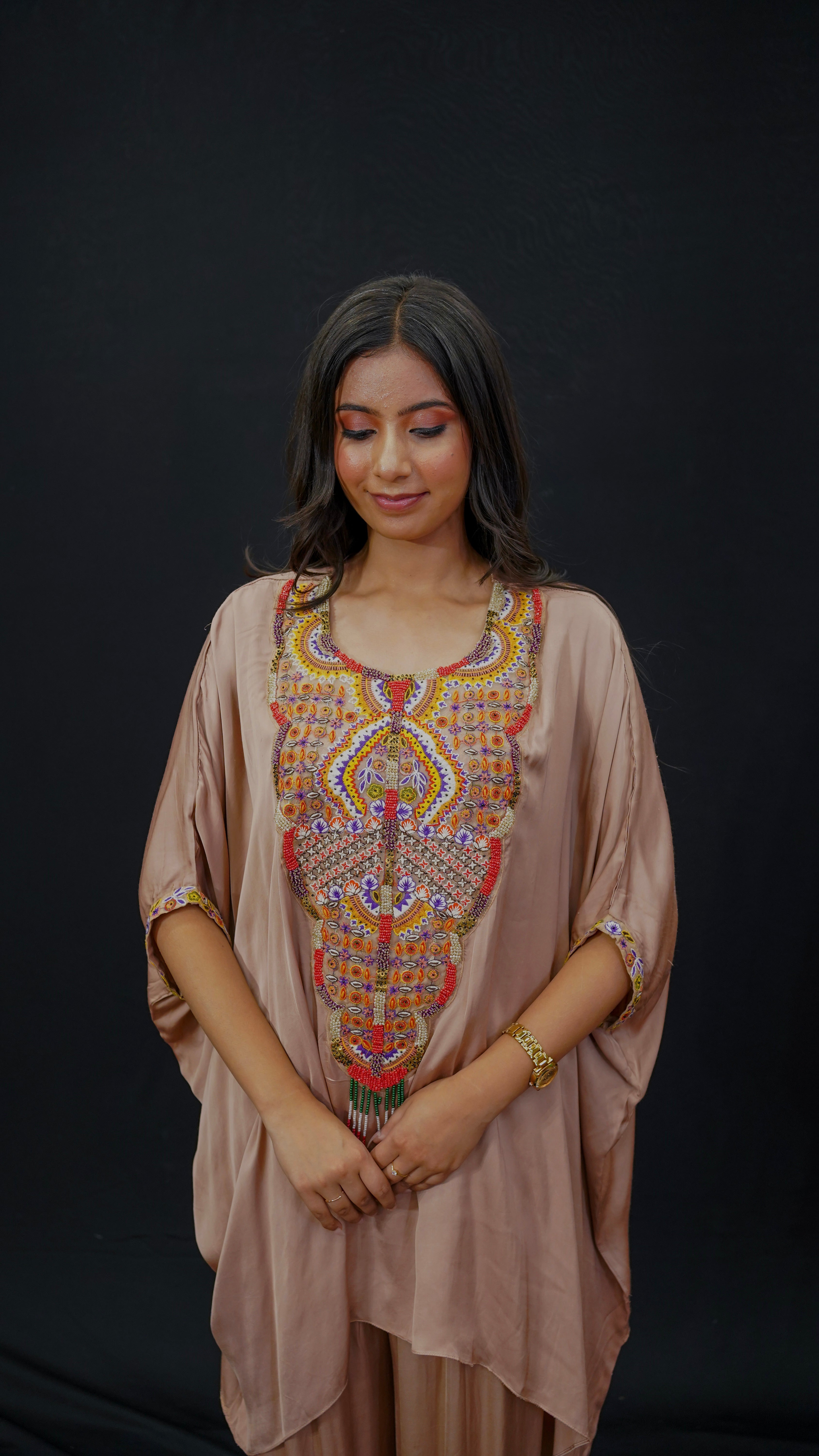 Blush Satin Cord Set with Kaftan in Resham &amp; Multi-Bead Work