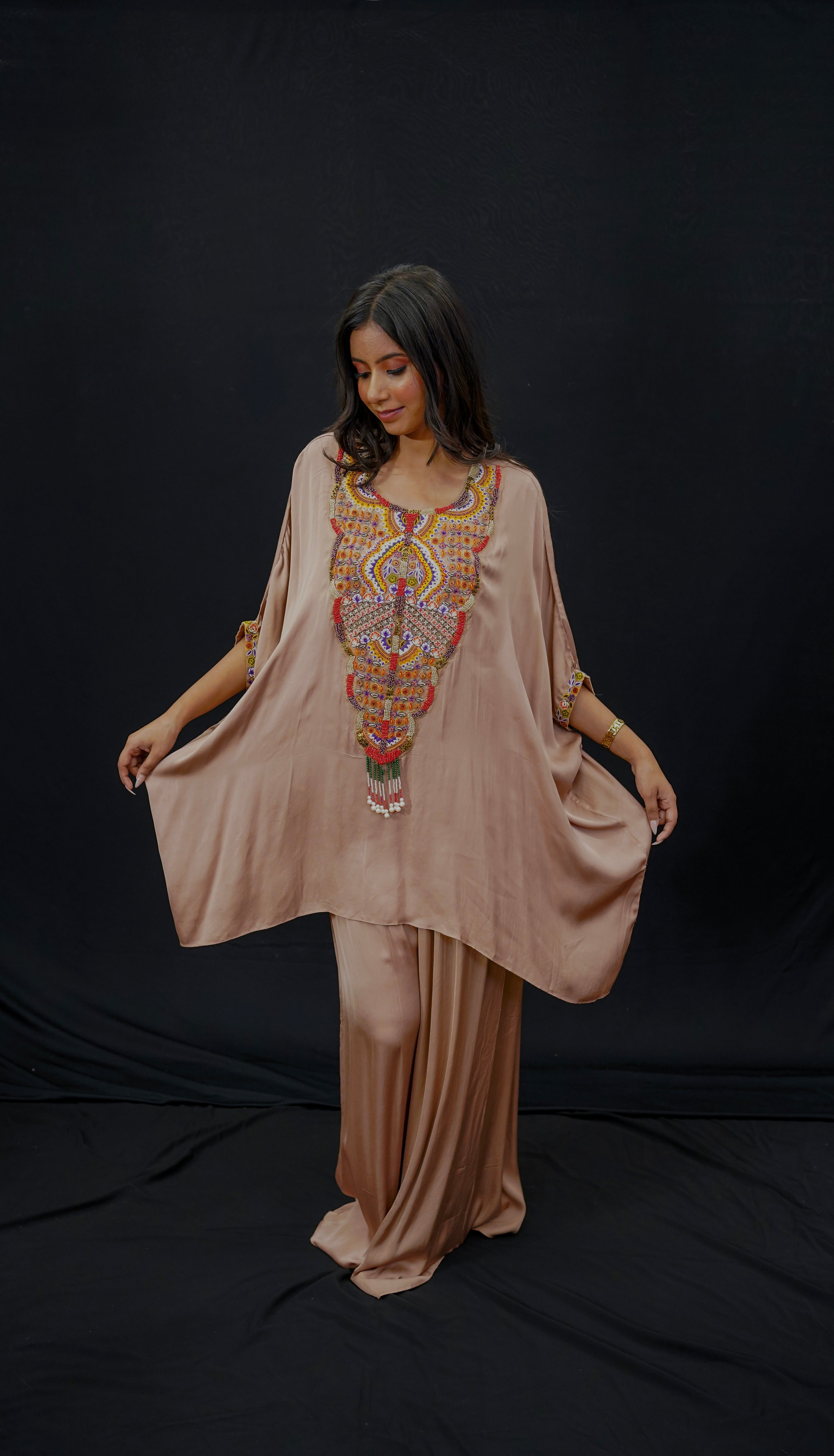 Blush Satin Cord Set with Kaftan in Resham &amp; Multi-Bead Work
