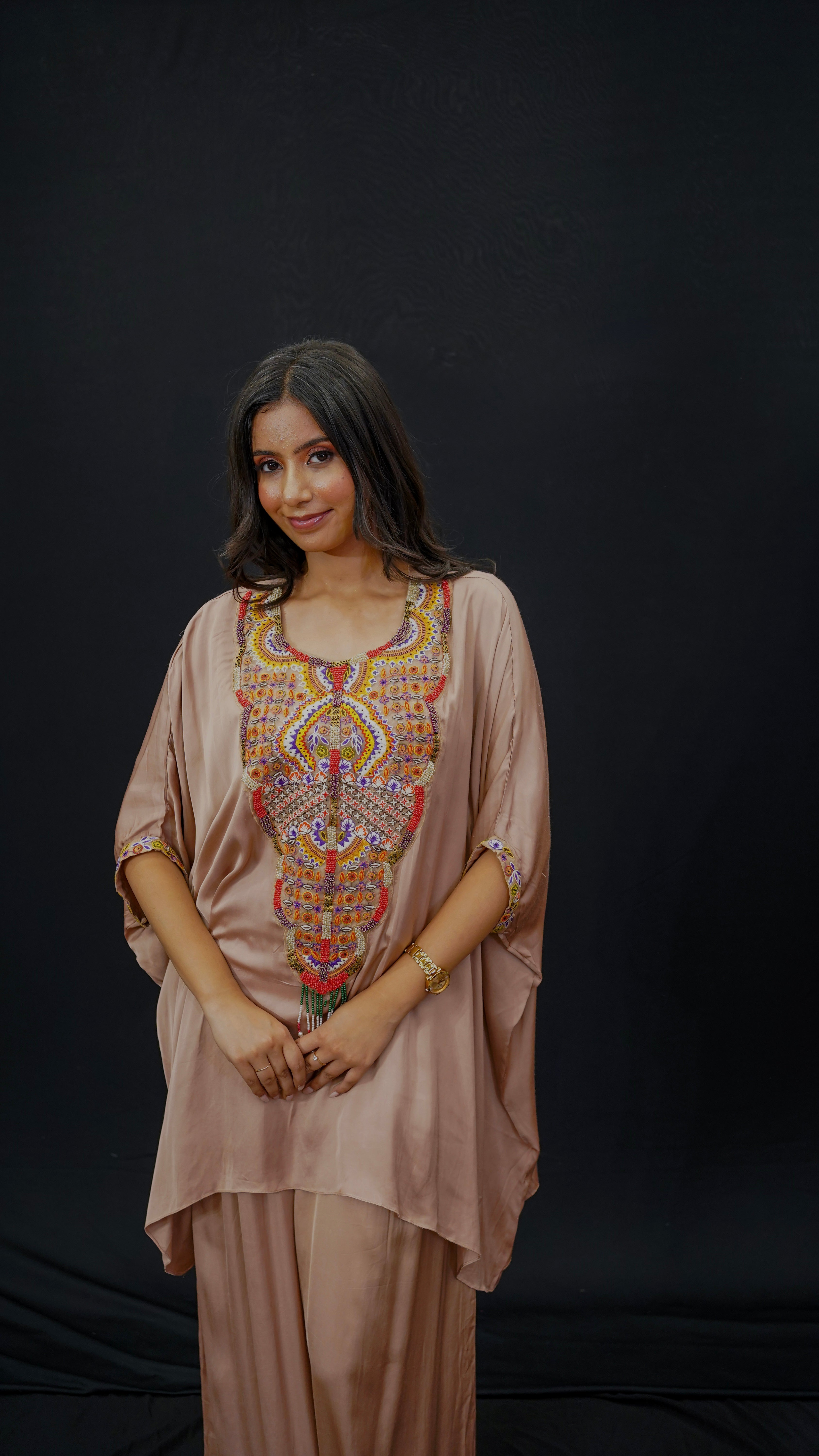 Blush Satin Cord Set with Kaftan in Resham &amp; Multi-Bead Work