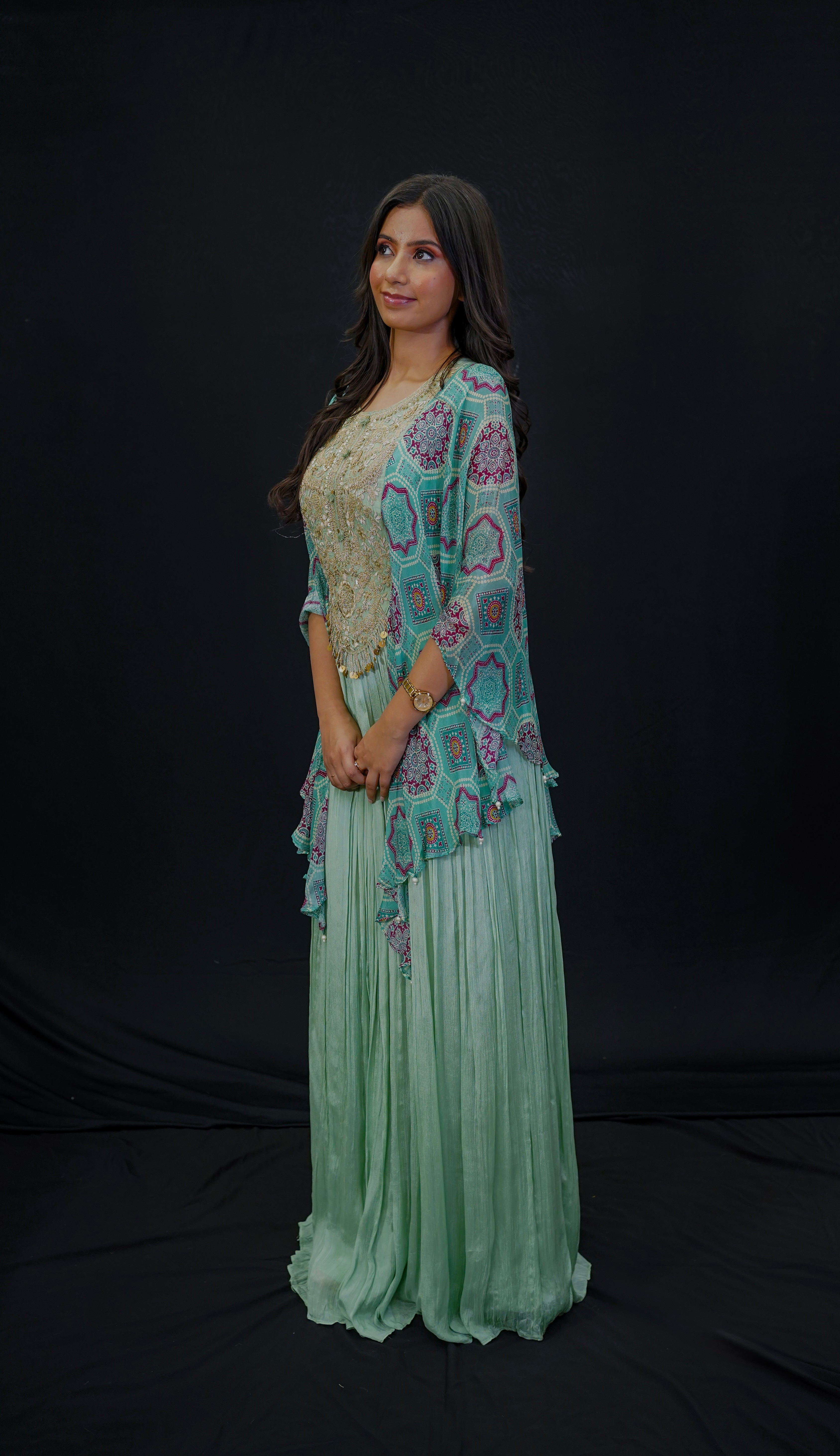 Aqua Chiffon Indo-Western Gown with Kaftan Sleeves &amp; Zardosi