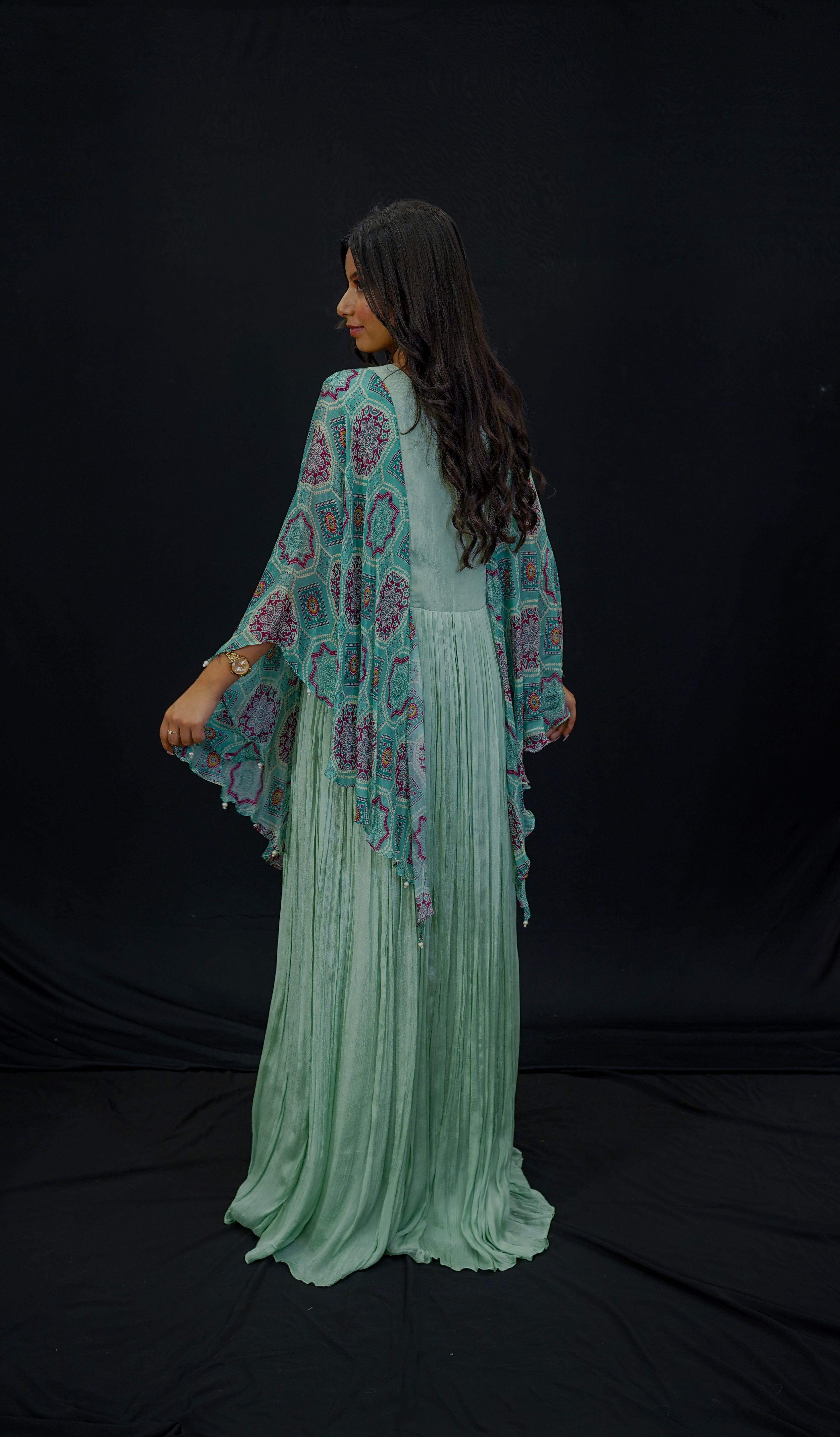 Aqua Chiffon Indo-Western Gown with Kaftan Sleeves &amp; Zardosi