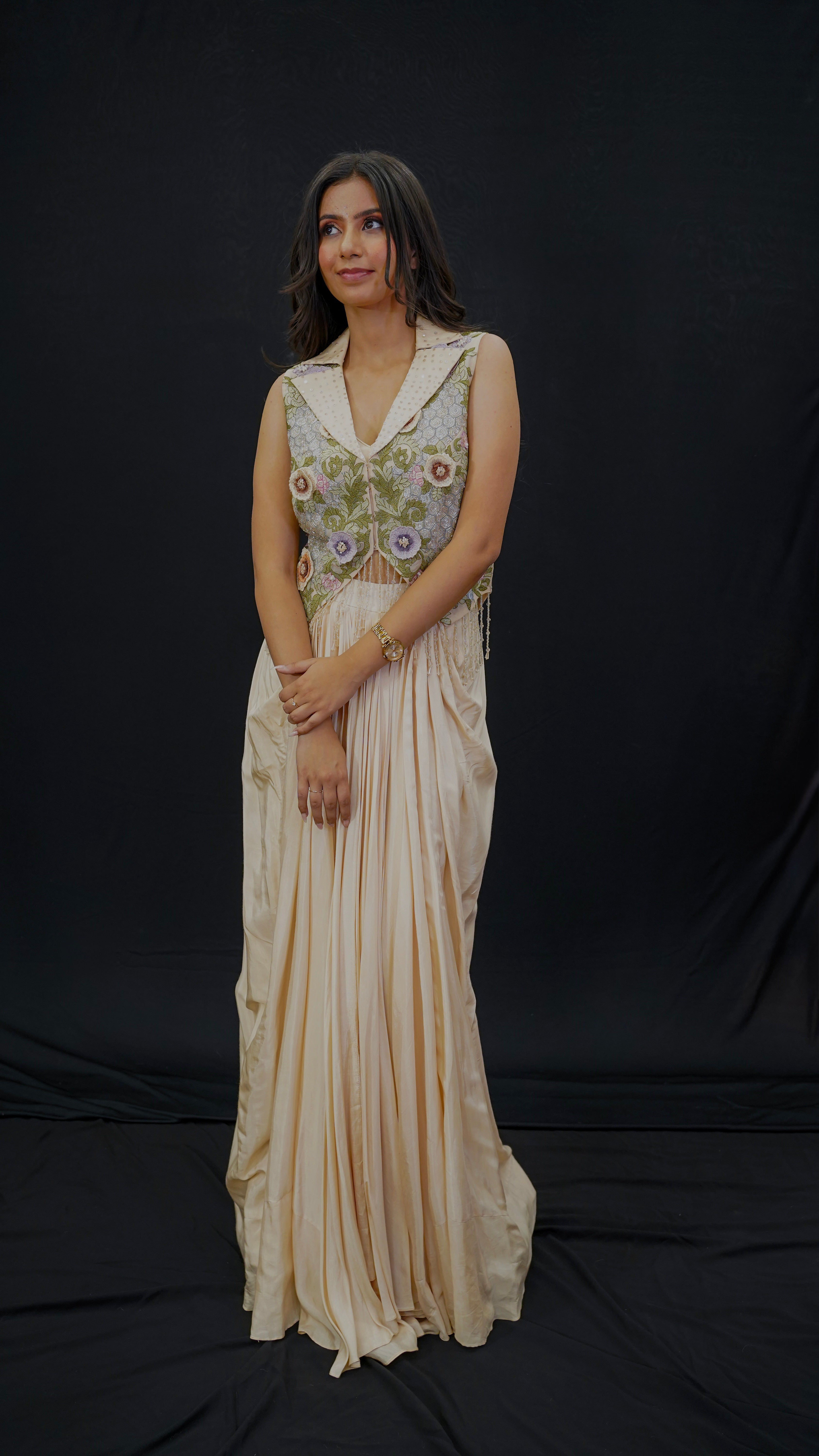 Champagne Silk &amp; Organza Indo-Western Set with 3D Floral Embroidery