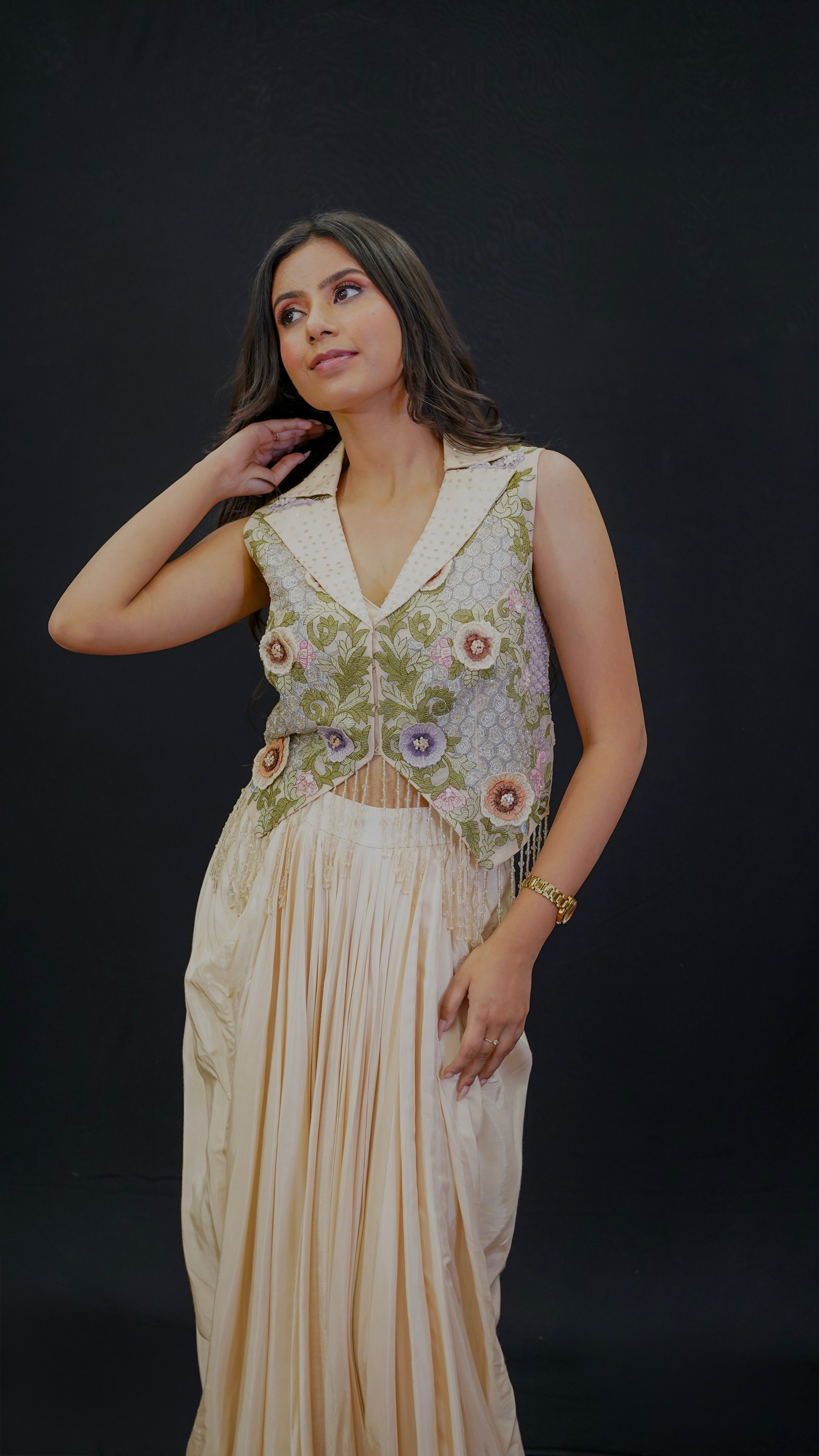 Champagne Silk &amp; Organza Indo-Western Set with 3D Floral Embroidery