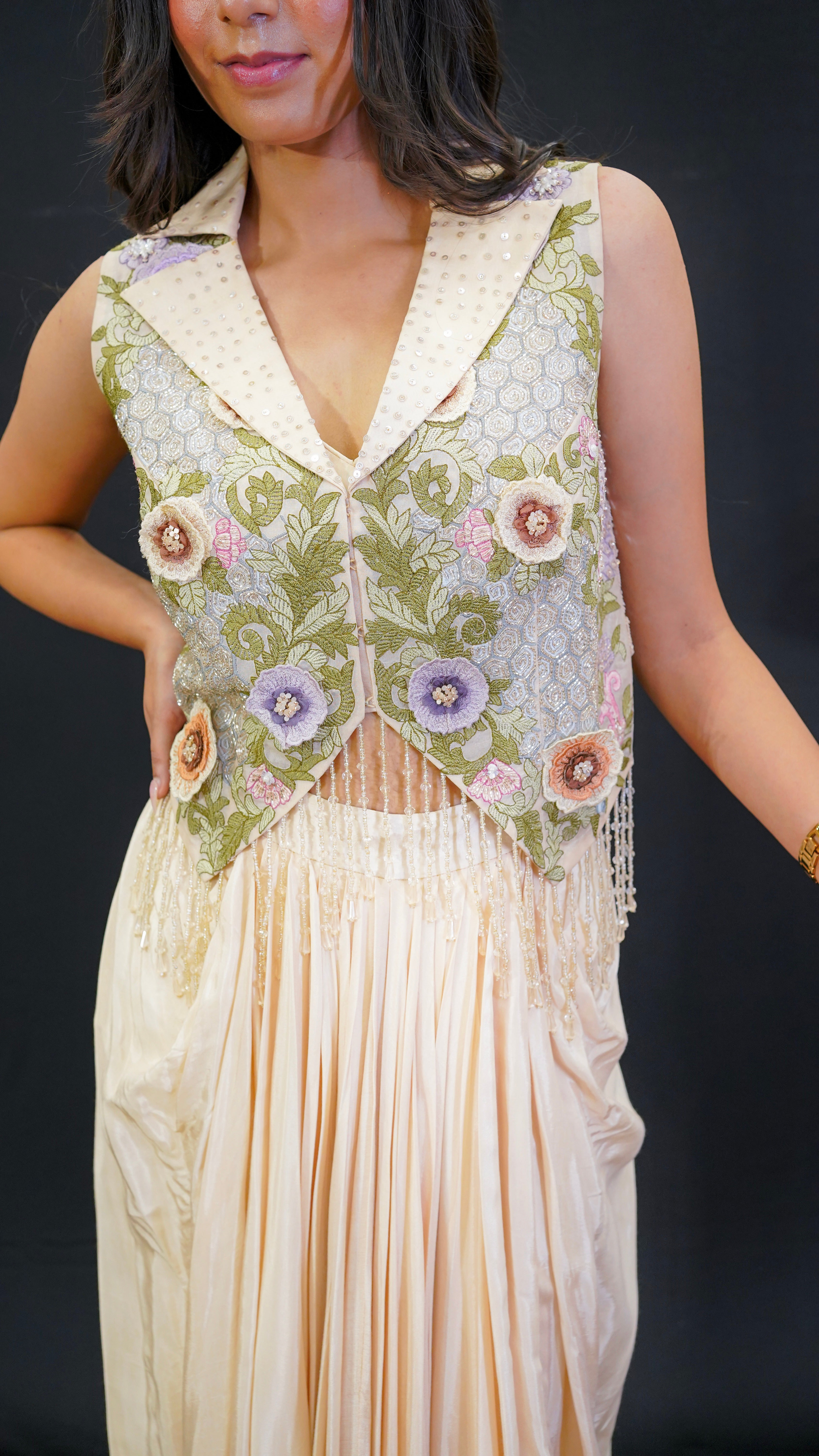 Champagne Silk &amp; Organza Indo-Western Set with 3D Floral Embroidery
