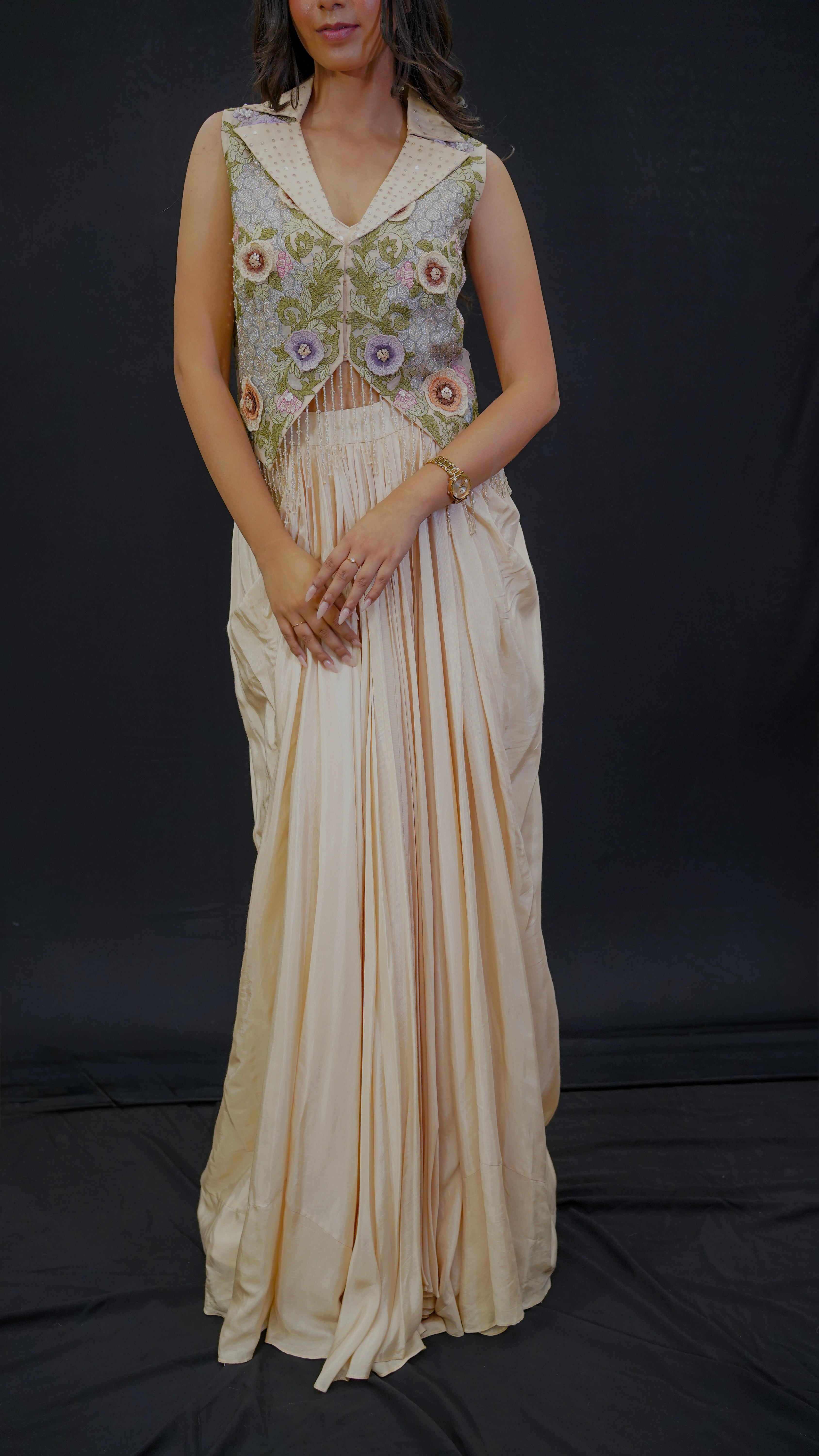 Champagne Silk &amp; Organza Indo-Western Set with 3D Floral Embroidery