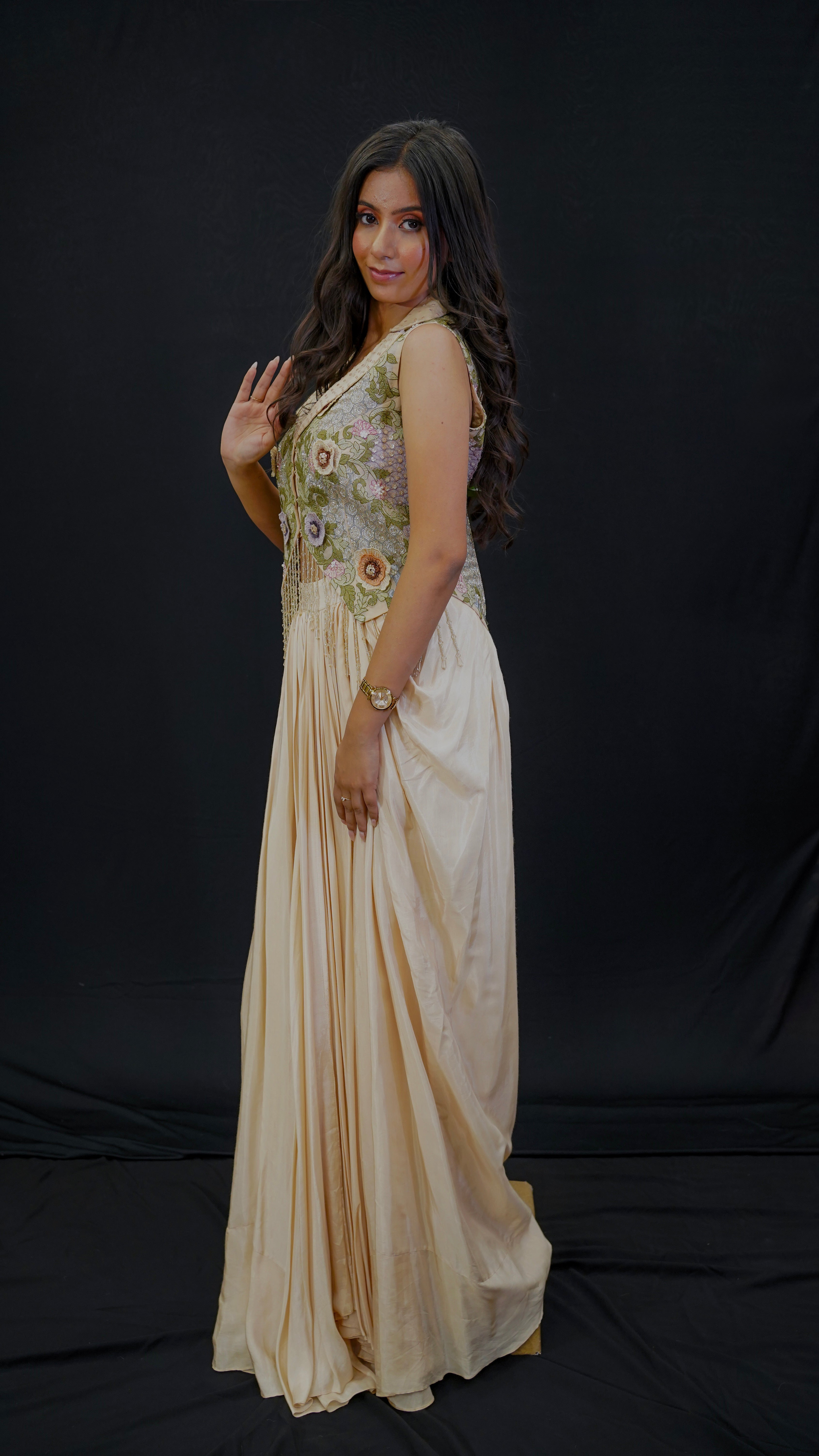 Champagne Silk &amp; Organza Indo-Western Set with 3D Floral Embroidery