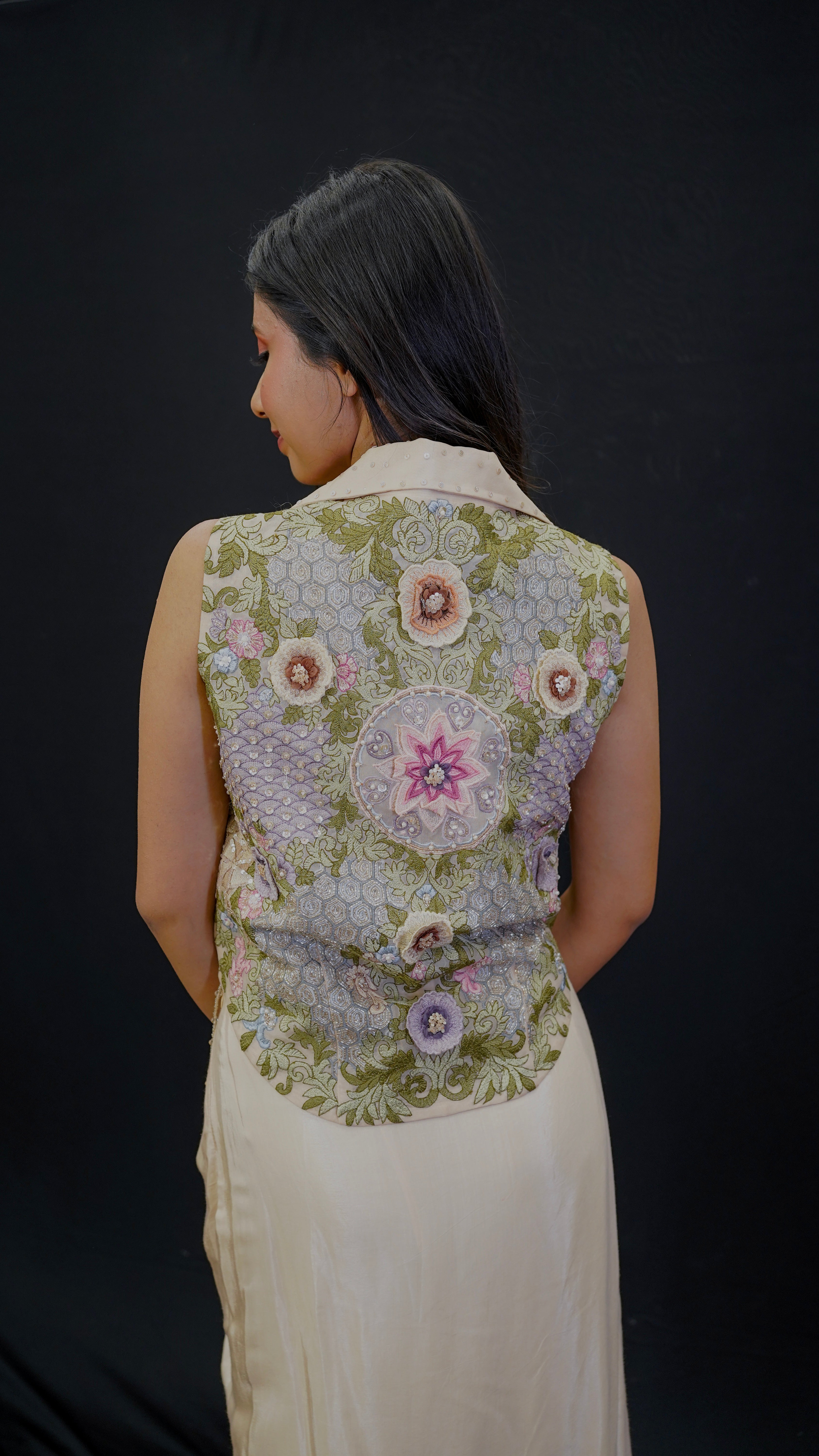 Champagne Silk &amp; Organza Indo-Western Set with 3D Floral Embroidery