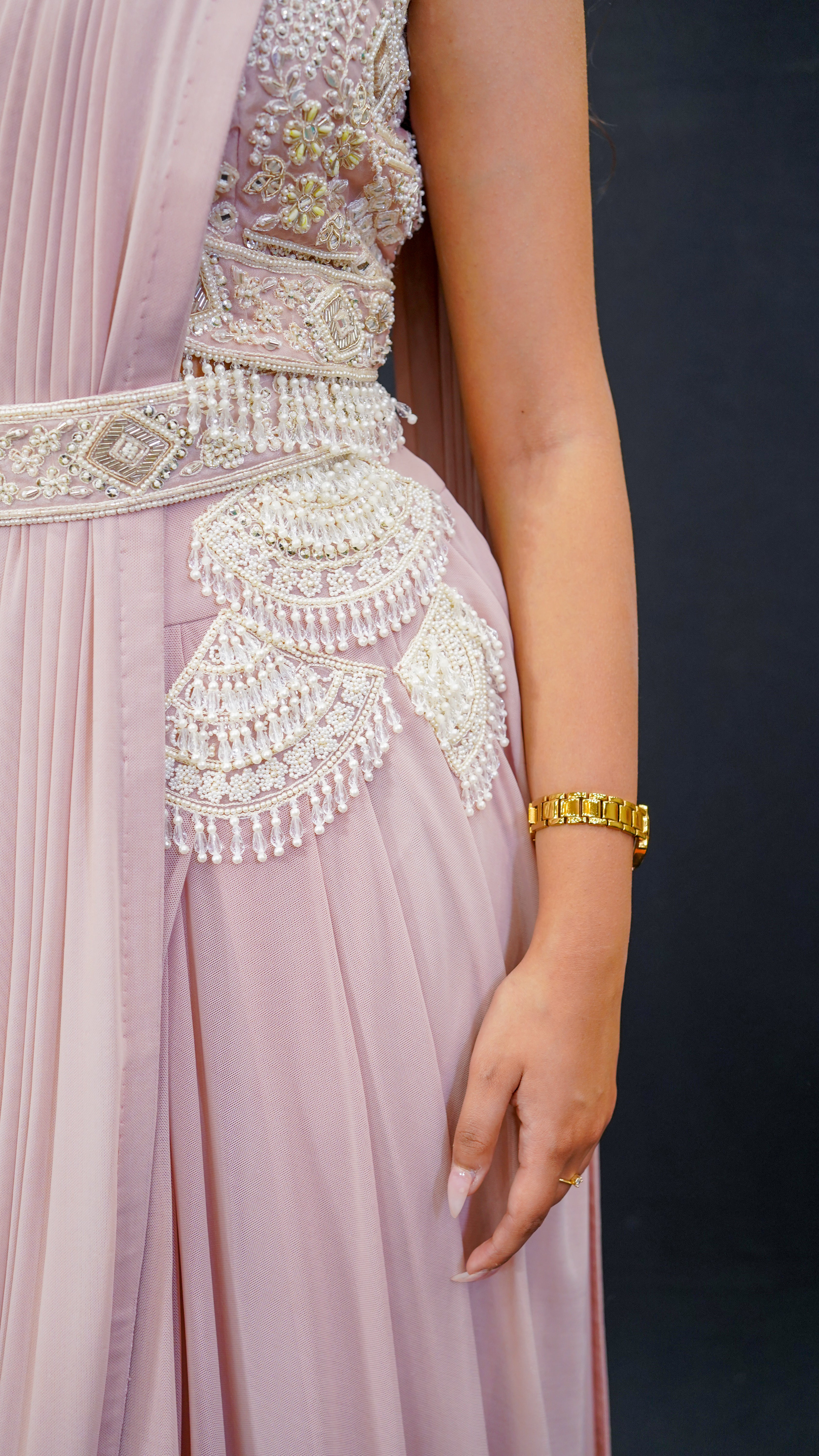 Blush Drape Saree Set with Pearl &amp; Resham Hand Embroidery