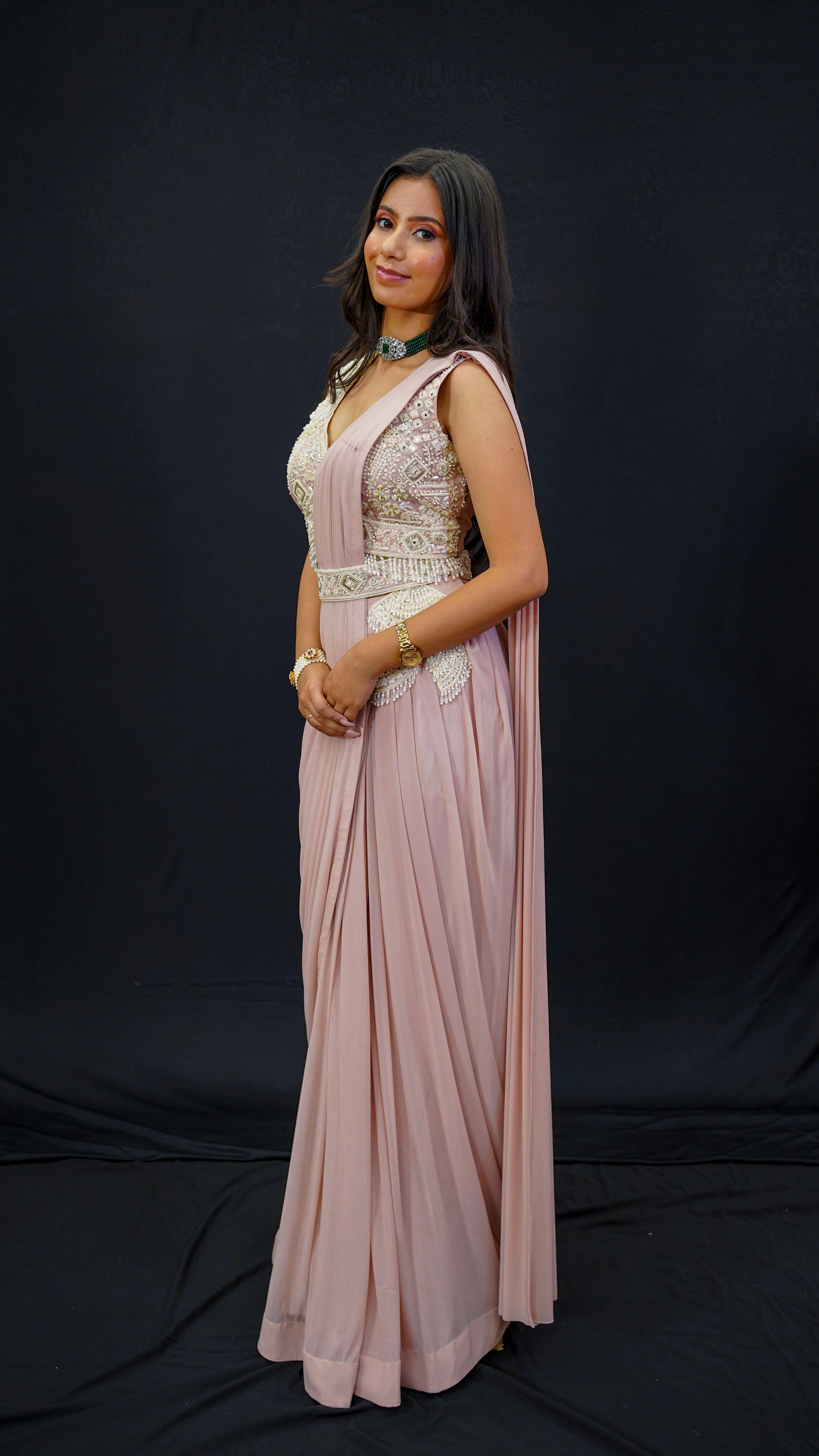 Blush Drape Saree Set with Pearl &amp; Resham Hand Embroidery