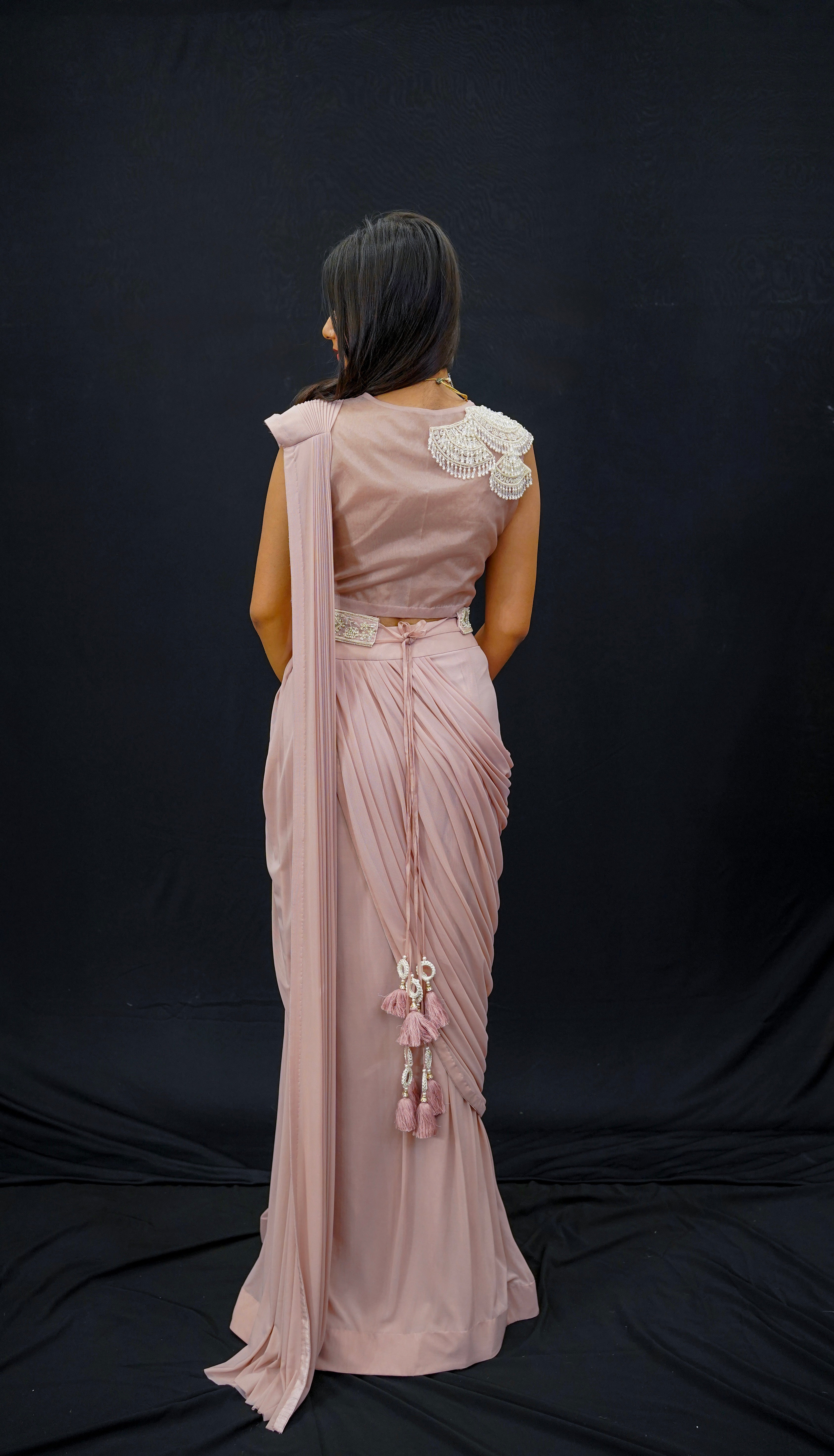 Blush Drape Saree Set with Pearl &amp; Resham Hand Embroidery