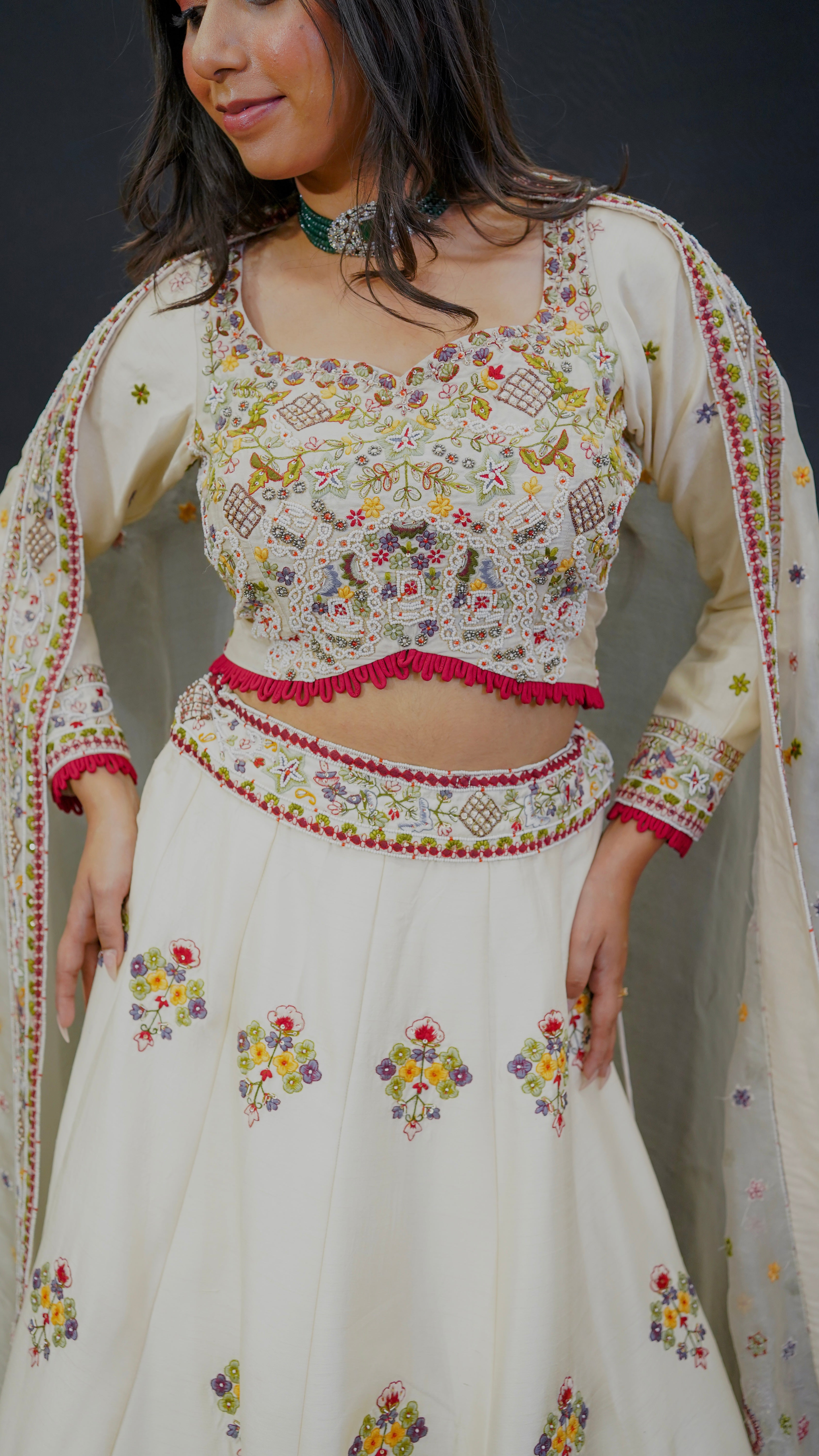 Gulzar Ivory – Embroidered Silk Lehenga Set with Organza Dupatta
