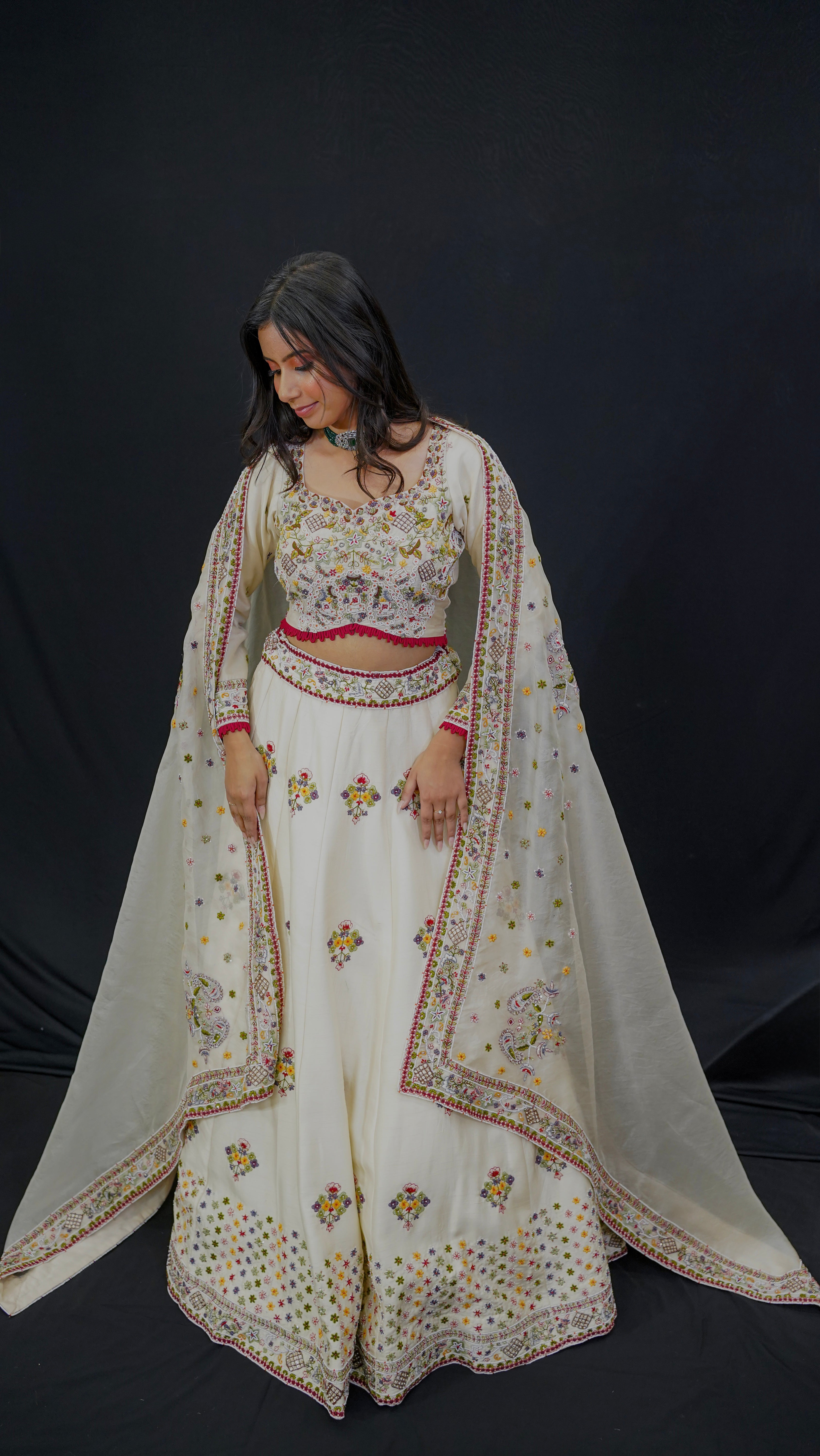 Gulzar Ivory – Embroidered Silk Lehenga Set with Organza Dupatta