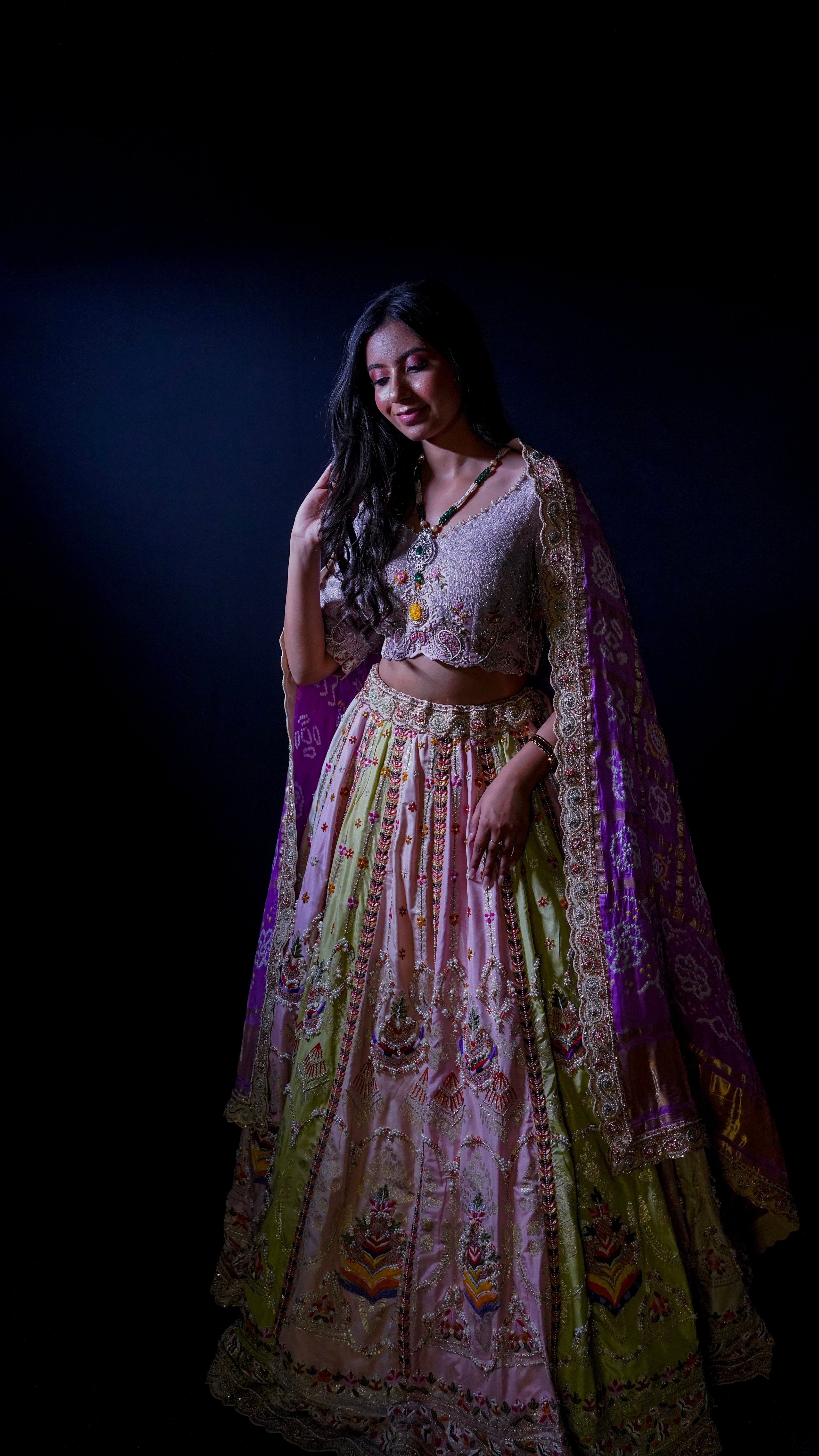 Satrangi Saaj – Multicolor Aari &amp; Zardosi Handcrafted Lehenga with Gharchola Odhni