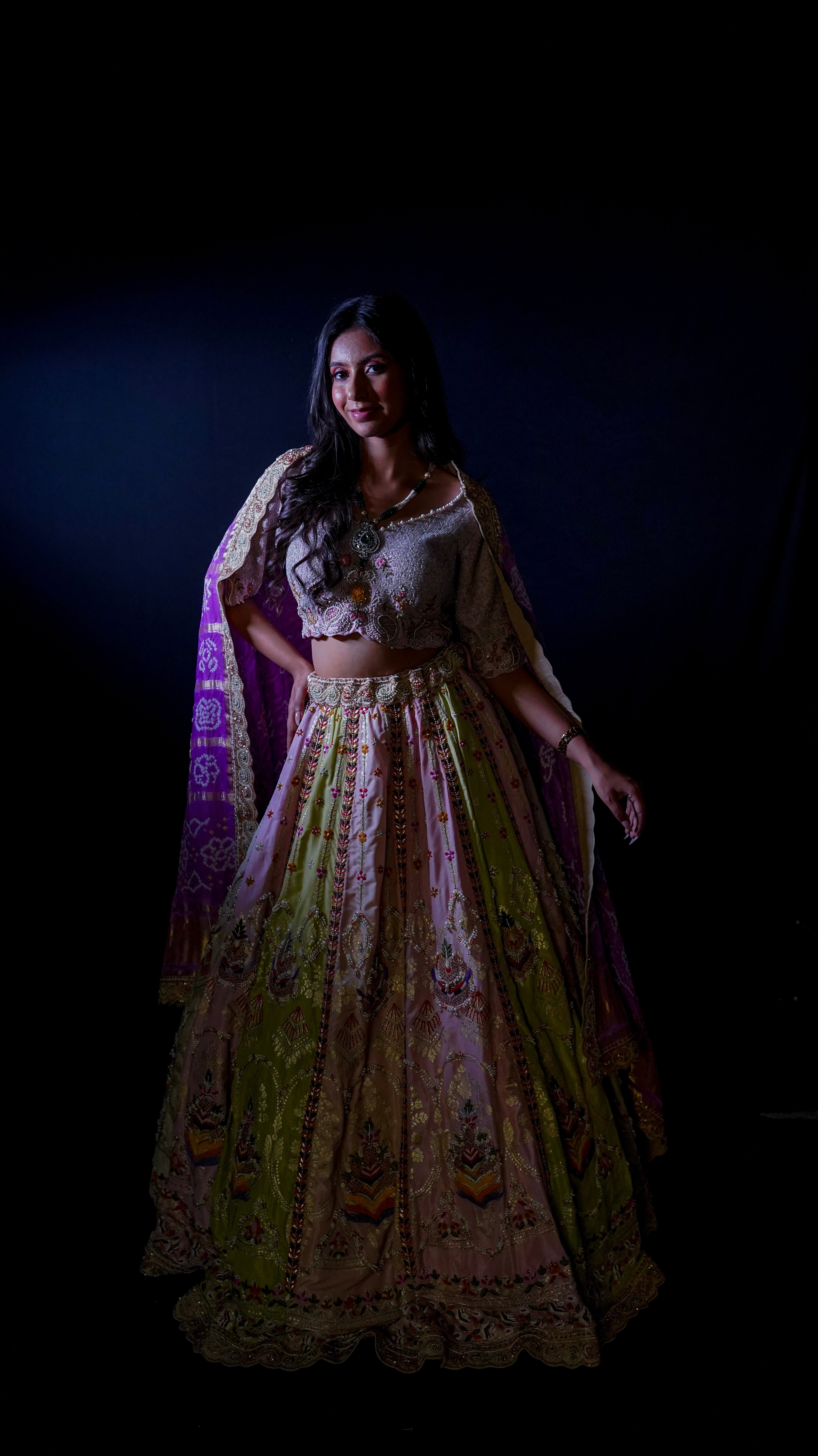 Satrangi Saaj – Multicolor Aari &amp; Zardosi Handcrafted Lehenga with Gharchola Odhni