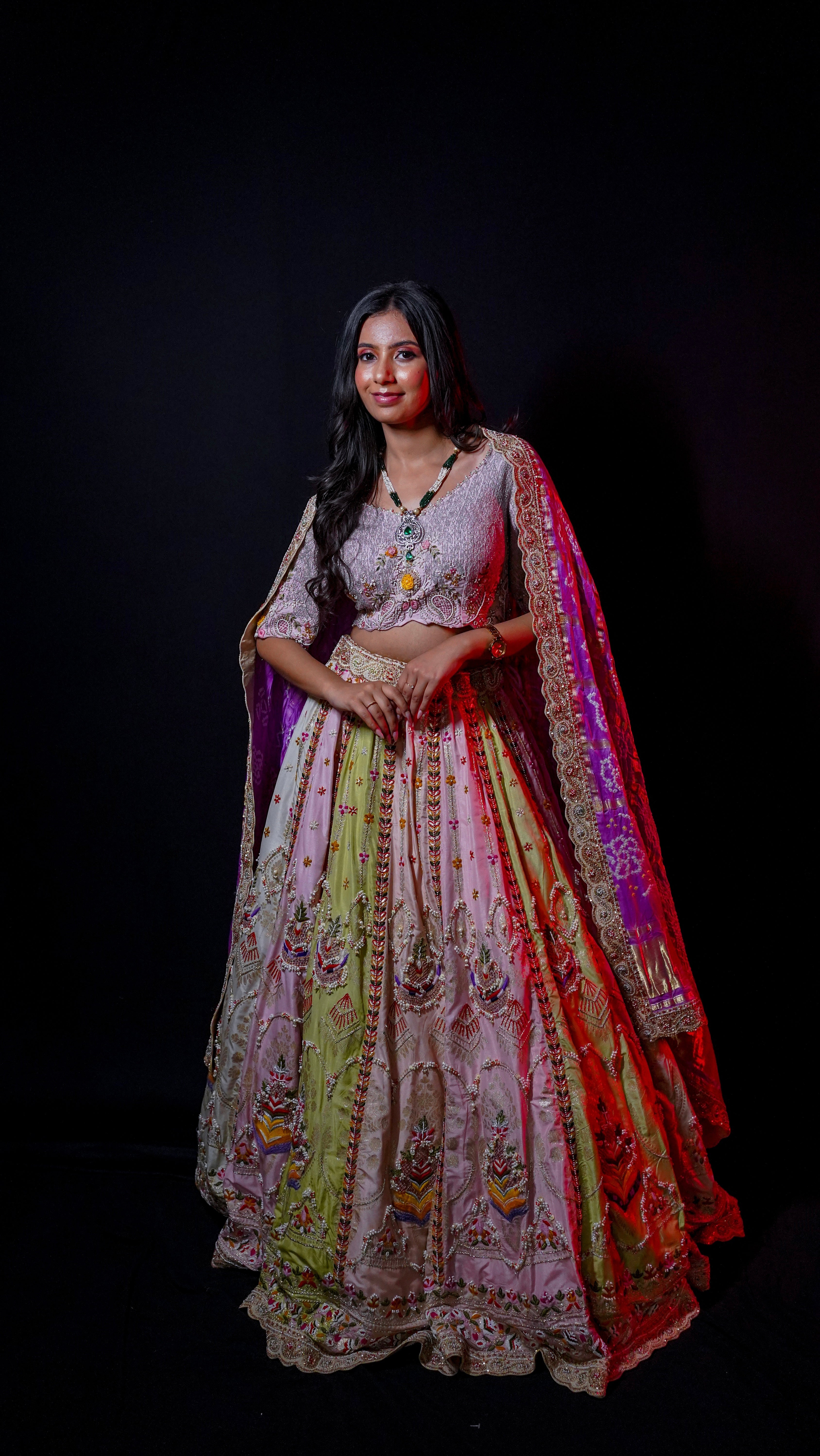Satrangi Saaj – Multicolor Aari &amp; Zardosi Handcrafted Lehenga with Gharchola Odhni