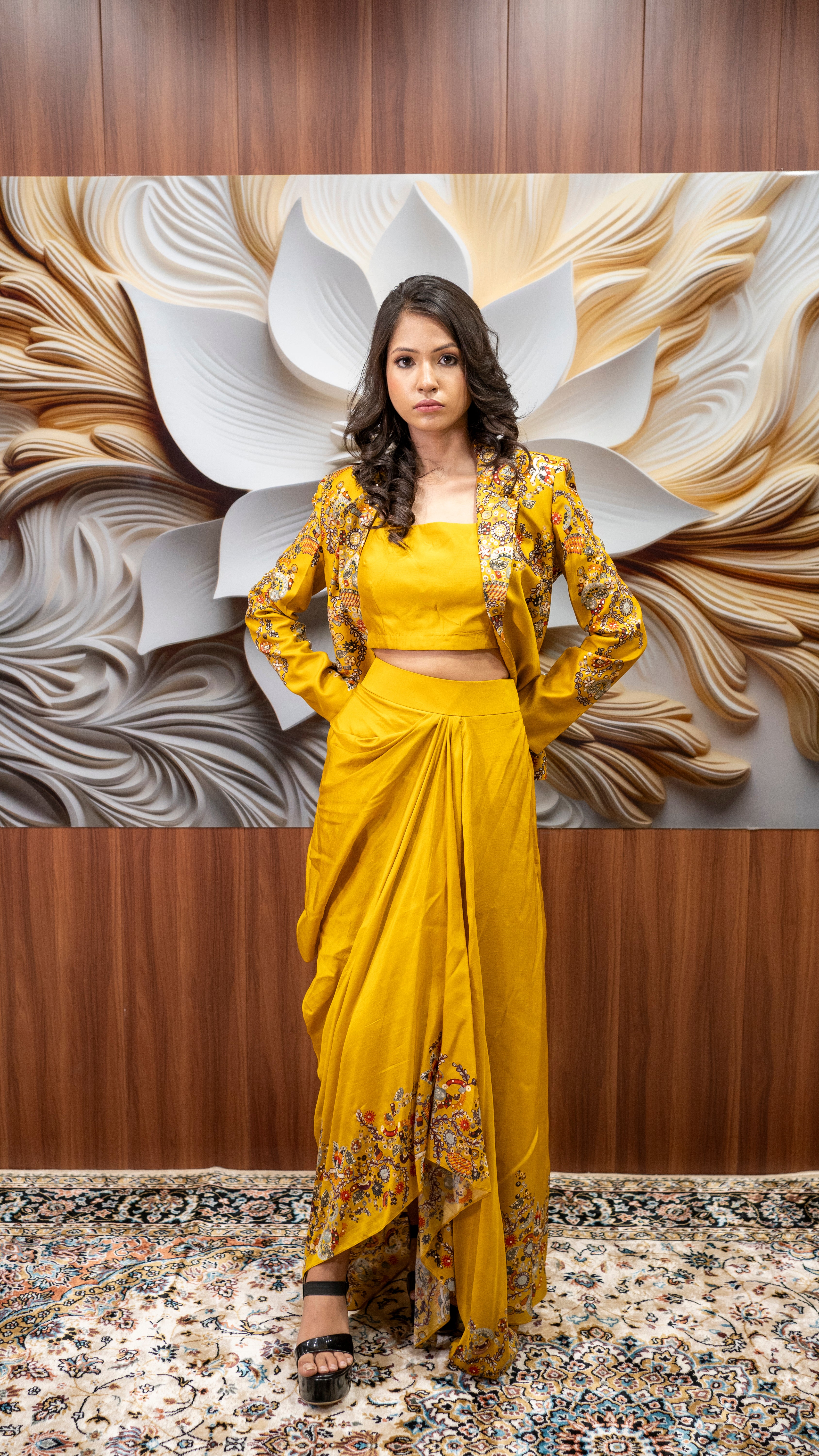 Mustard Yellow Drape Skirt with Embroidered Blazer Set